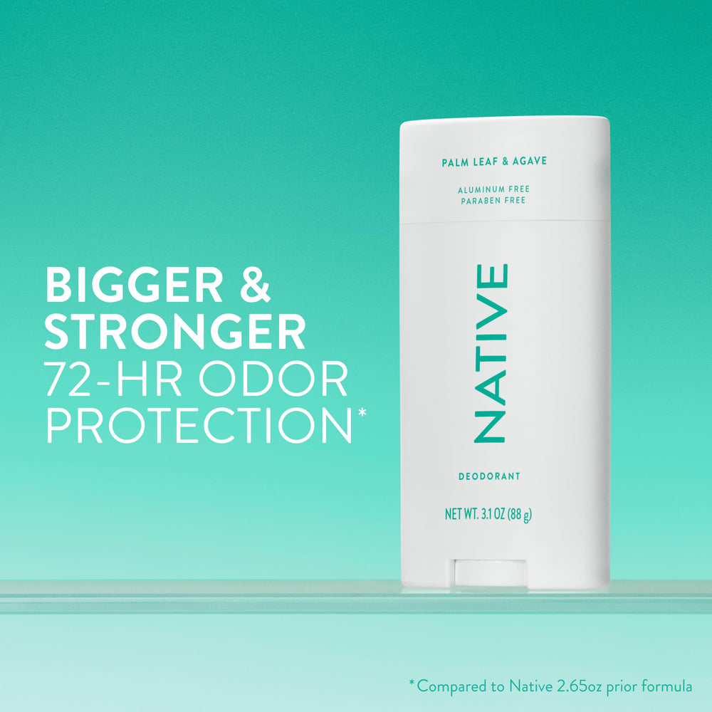 Native stick side label displaying ingredients and 72-hour odor control benefit