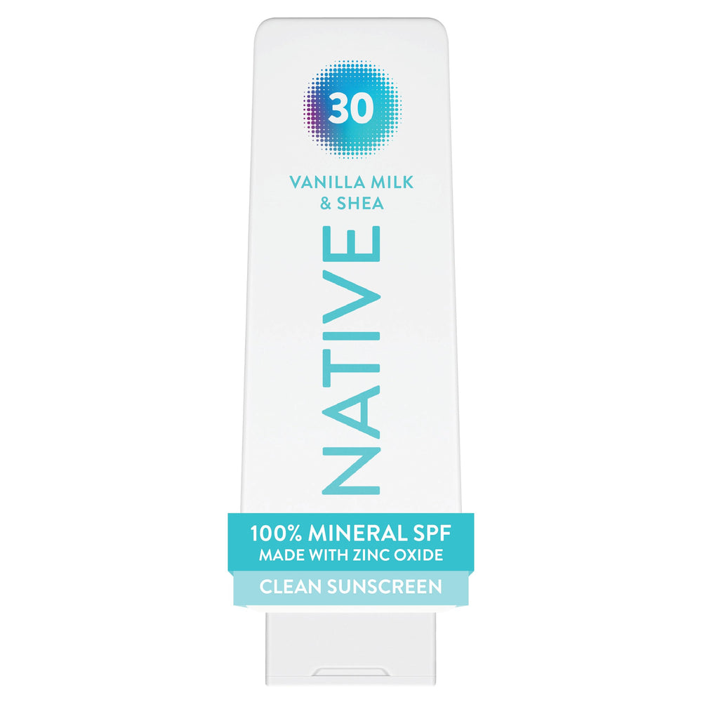 Native sunscreen front bottle showing SPF 30 protection and benefit