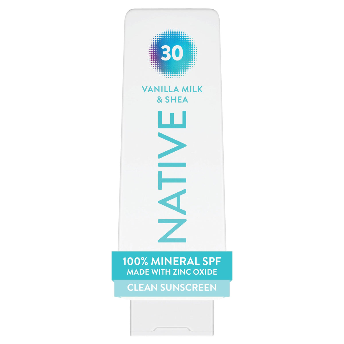Native sunscreen front bottle showing SPF 30 protection and benefit
