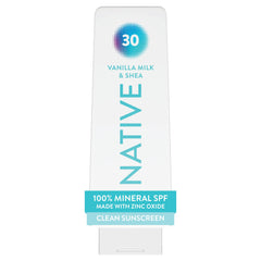 Native sunscreen front bottle showing SPF 30 protection and benefit