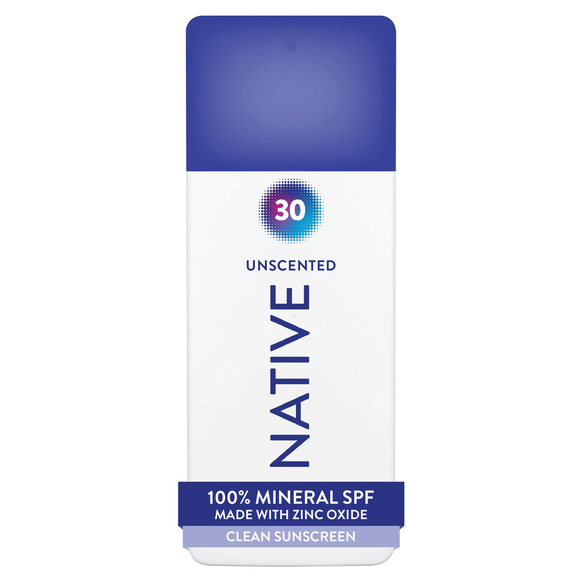 Native front packaging showing SPF 30, clear labeling and size benefit