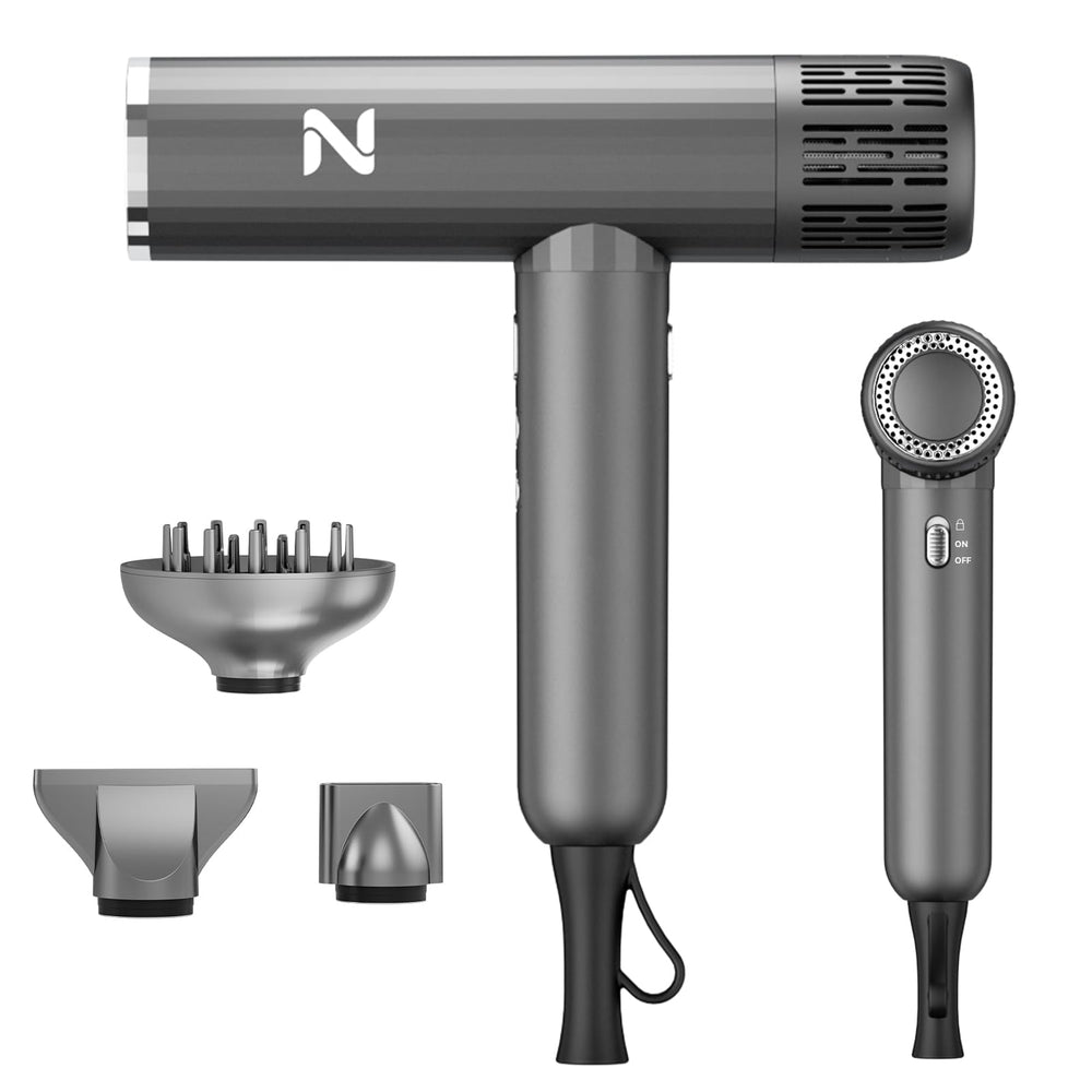Natrial hair dryer front view showing controls and aerodynamic nozzle, fast drying benefit