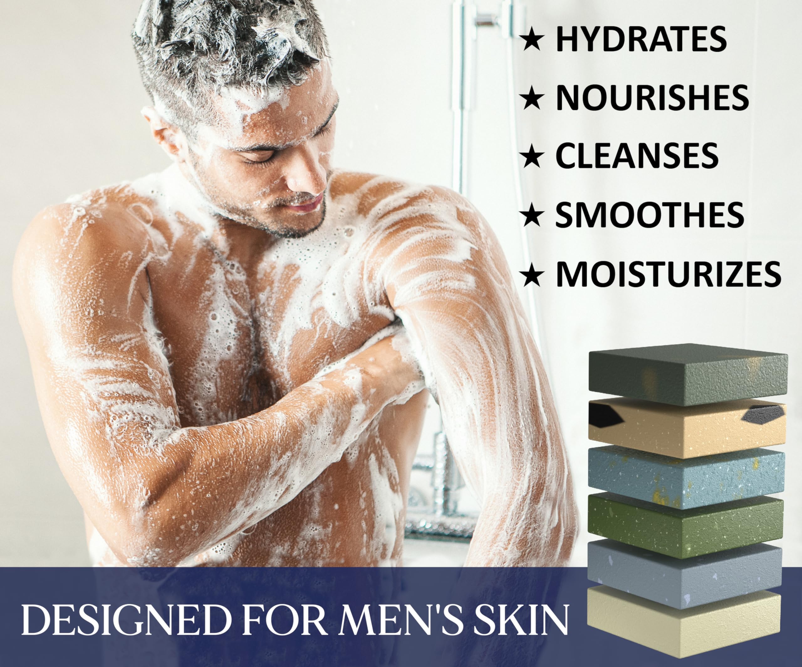 NATURAL AMERICAN bar in hand under shower showing moisturized skin benefit
