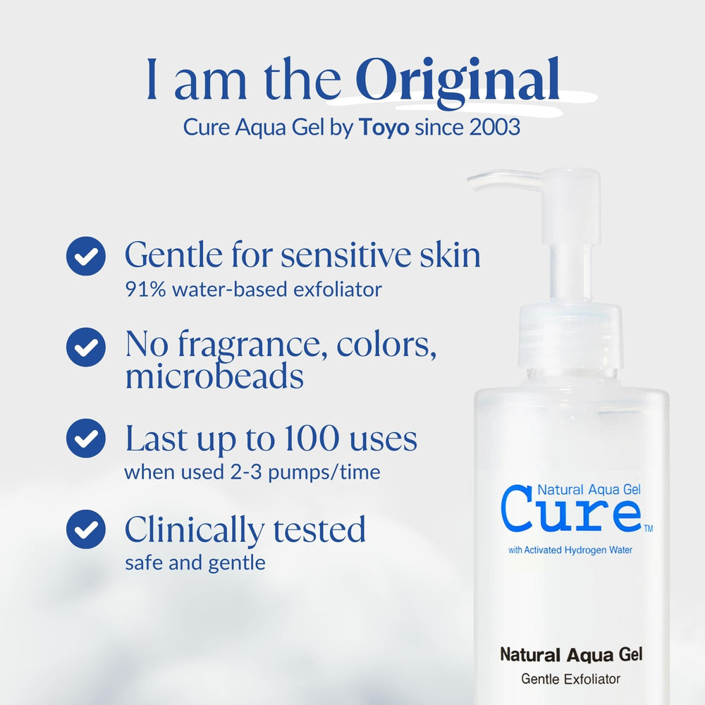 NATURAL AQUA GEL CURE on bathroom shelf in lifestyle setting suggesting daily use convenience