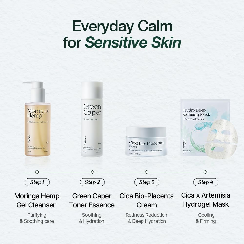 NATURAL DERMA PROJECT on a bathroom shelf in everyday routine setting offering easy layering
