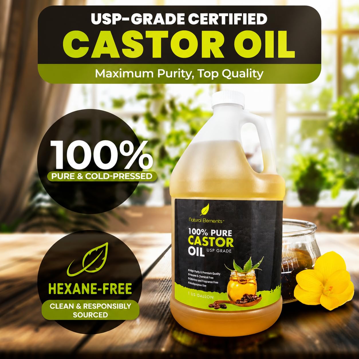 Natural Elements label closeup highlighting cold‑pressed hexane‑free specifications and trust