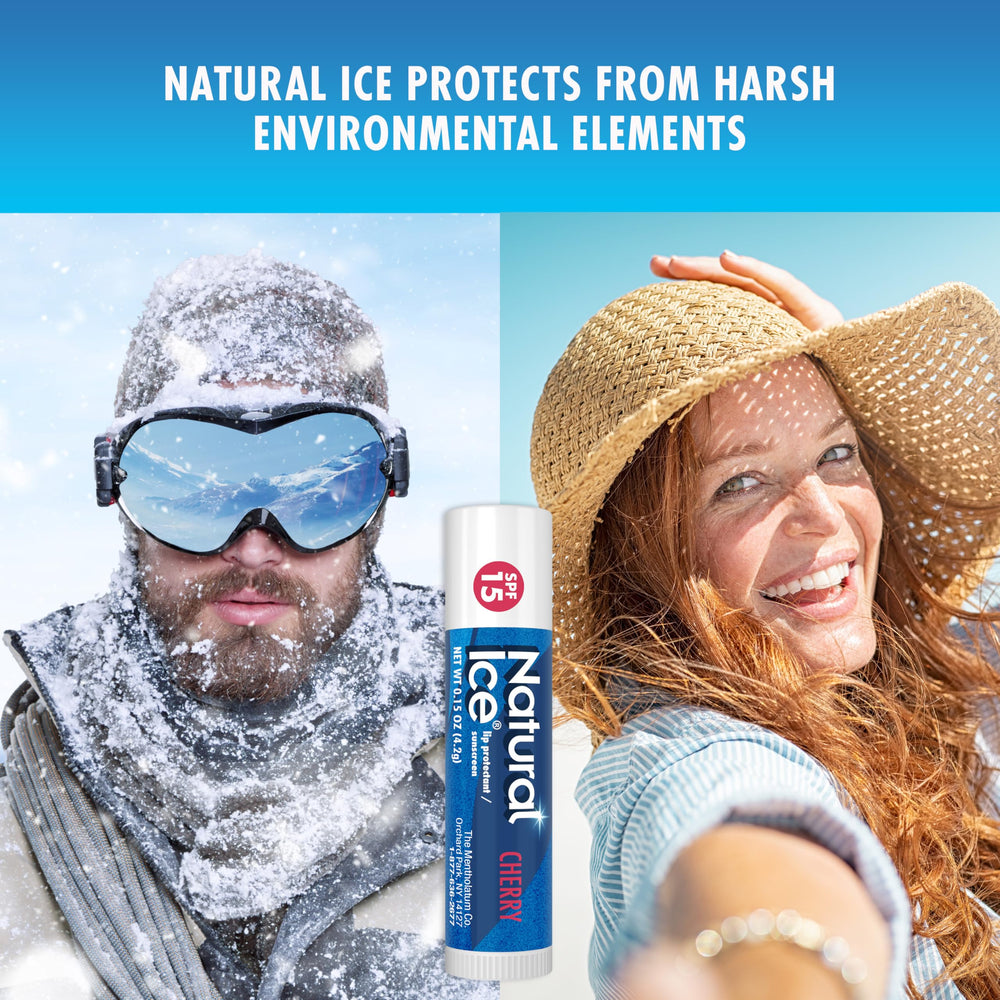 Natural Ice label close-up highlighting cherry flavor and SPF 15 benefit
