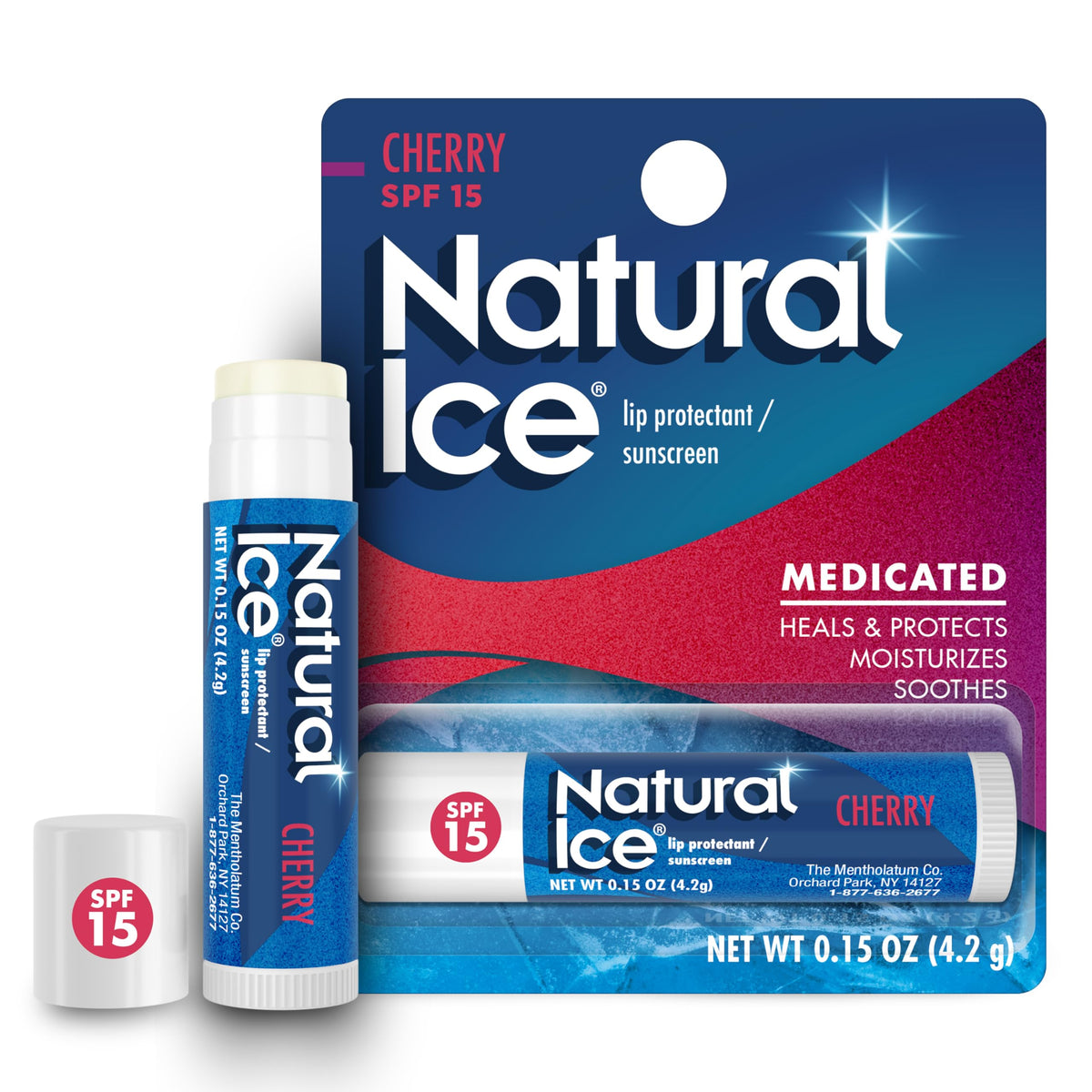 Natural Ice front packaging showing cherry tubes and SPF 15 protection