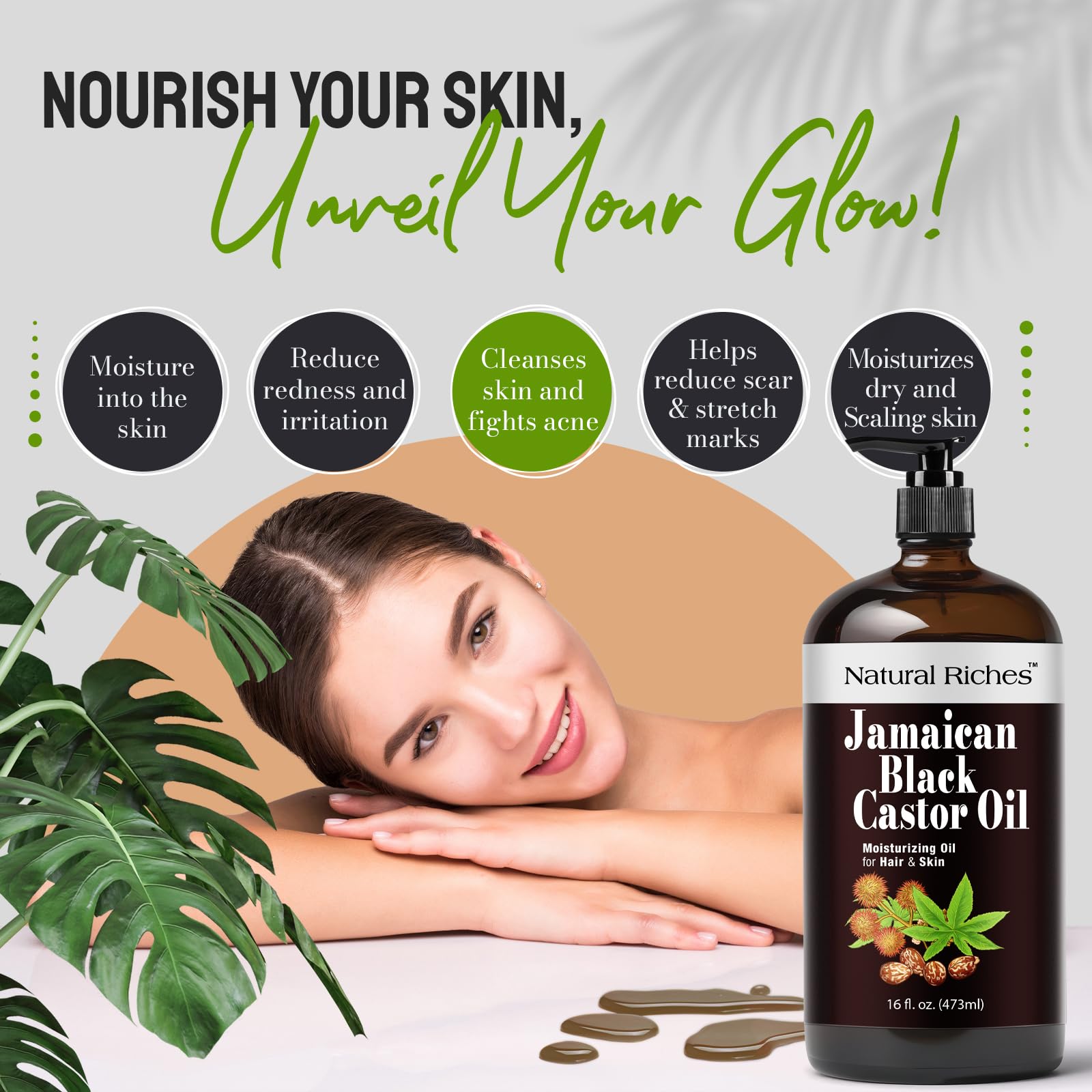 Natural Riches 16 fl oz bottle next to common objects to show true size and volume