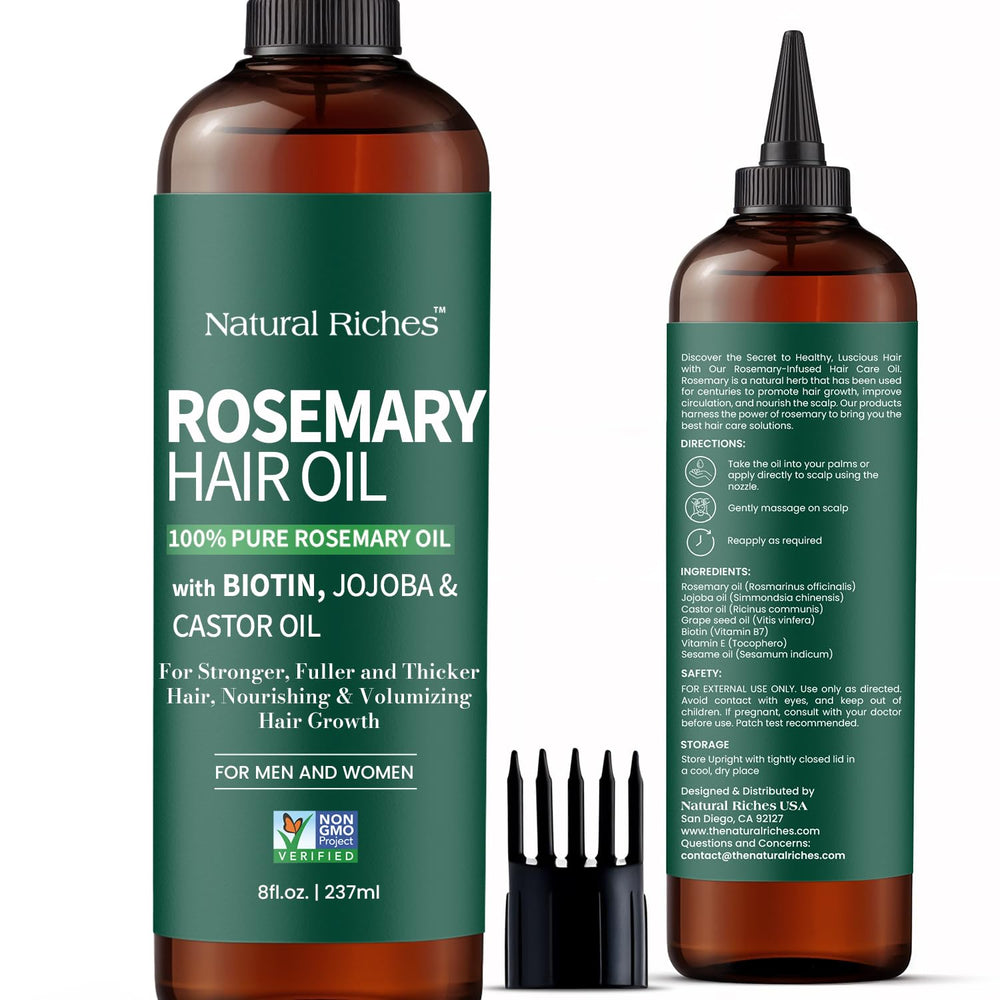 Natural Riches front bottle of rosemary hair oil showing full 8 fl oz and clear label, highlights clean ingredients