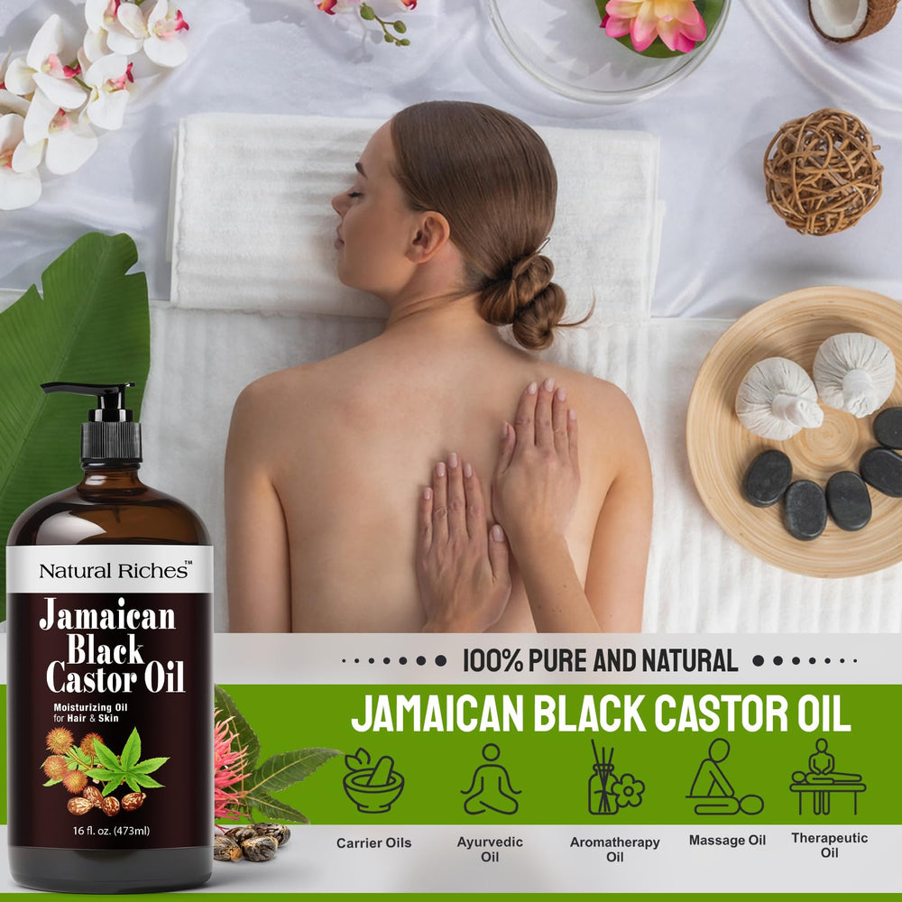 Natural Riches bottle on bathroom shelf styled in a routine for daily hair care