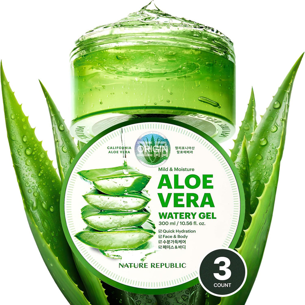 Nature Republic aloe vera gel front packaging shows product and benefits