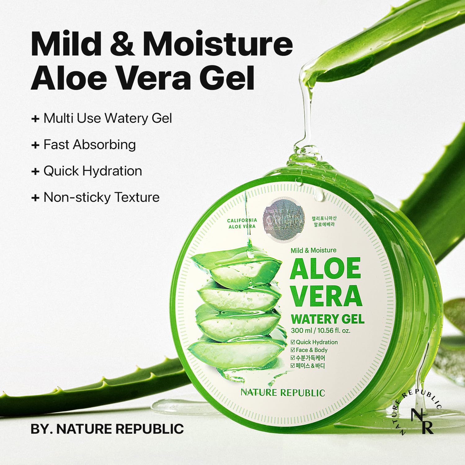 Nature Republic aloe vera gel texture close-up demonstrates lightweight absorbency
