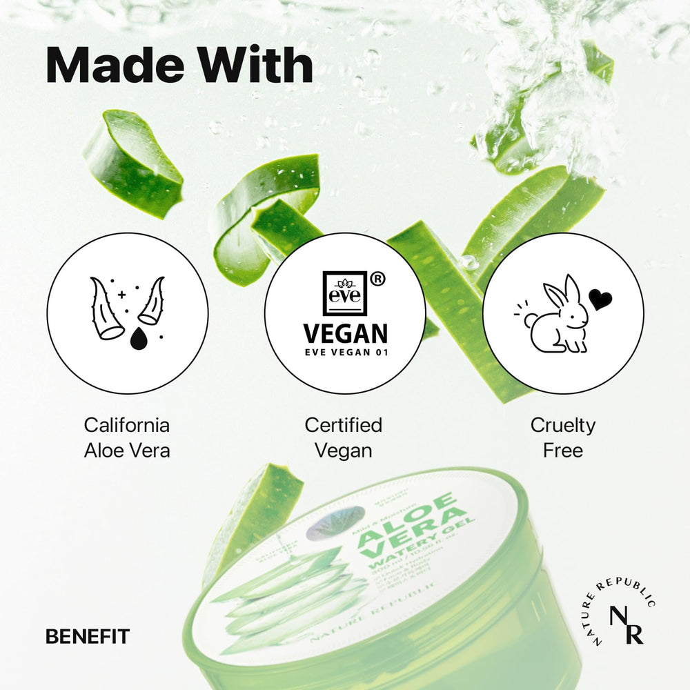 Nature Republic aloe vera gel on hand illustrates quick hydration and non-stick finish
