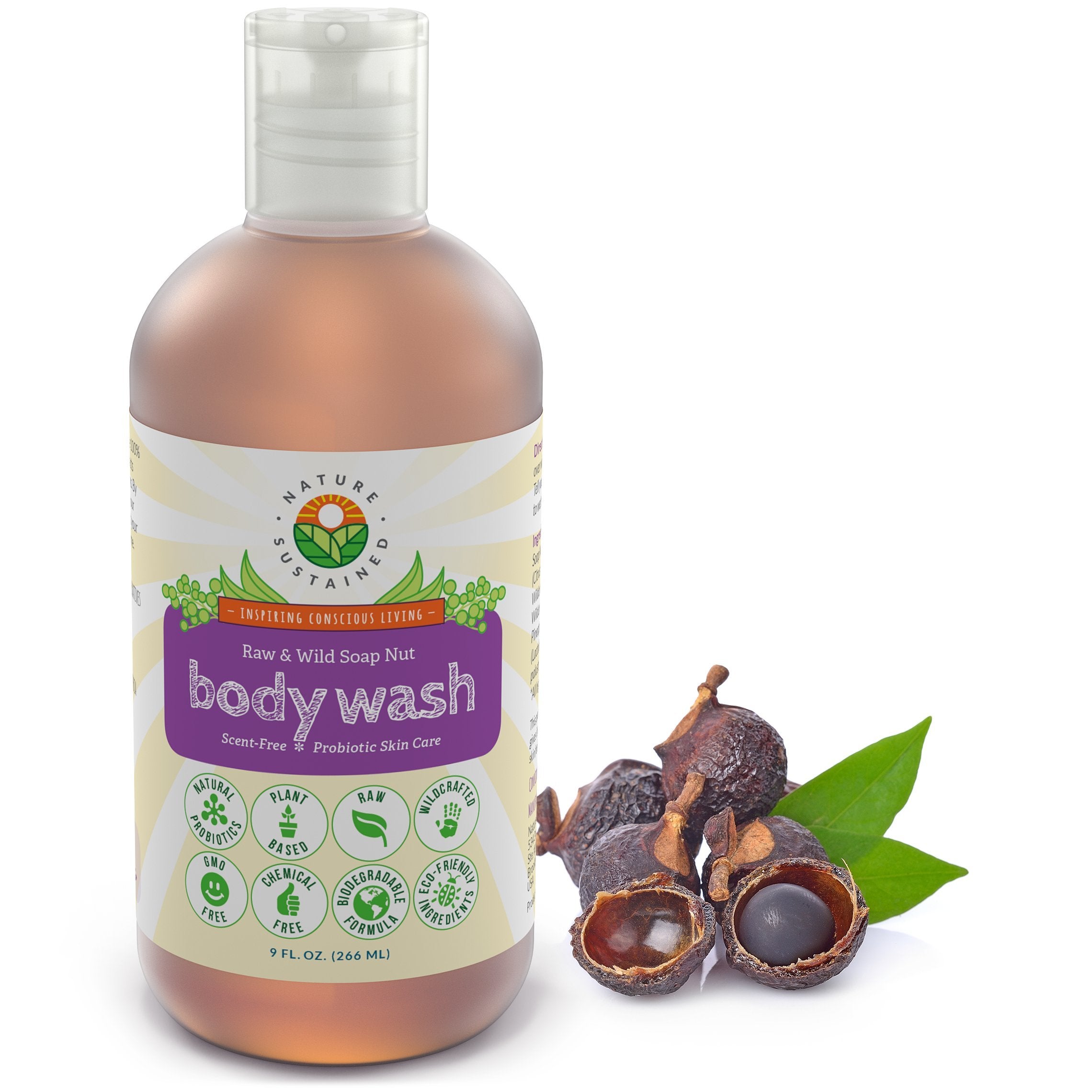 Nature Sustained front packaging showing 9oz bottle and label benefits