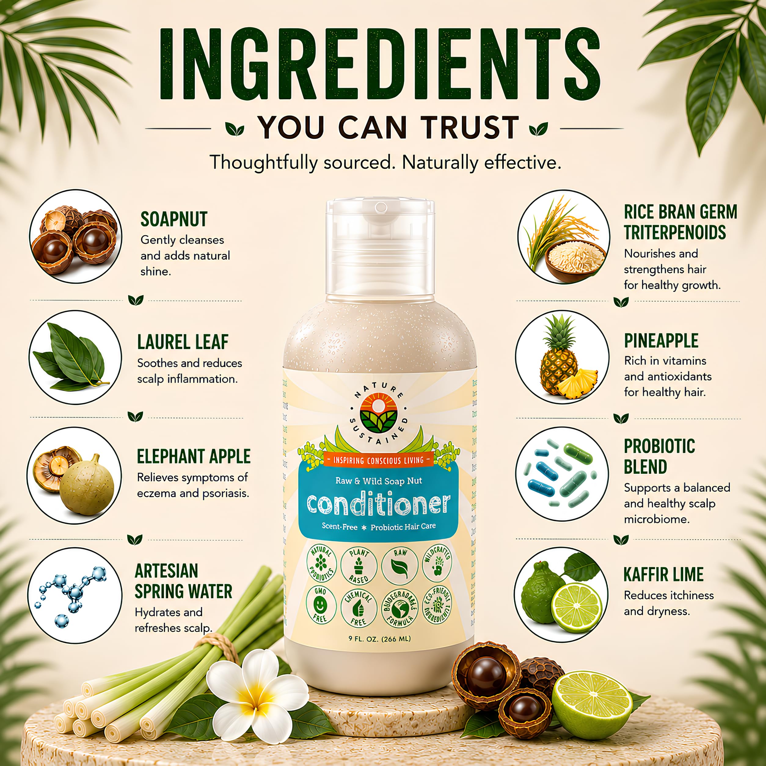 Nature Sustained label close-up showing organic ingredients and probiotic benefit
