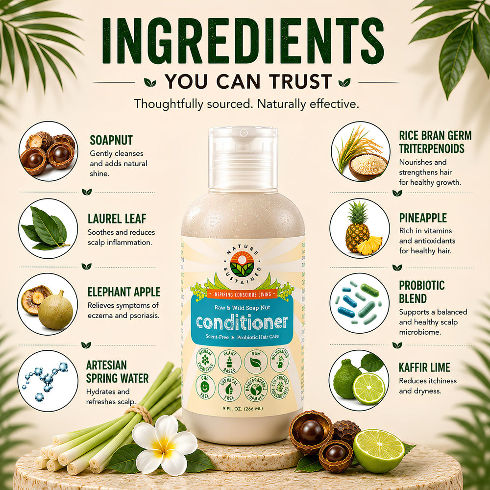 Nature Sustained label close-up showing organic ingredients and probiotic benefit