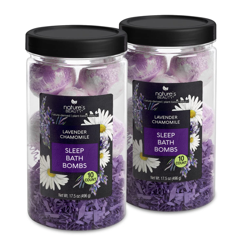 Nature's Beauty front packaging showing two bath bombs and calming scent benefit