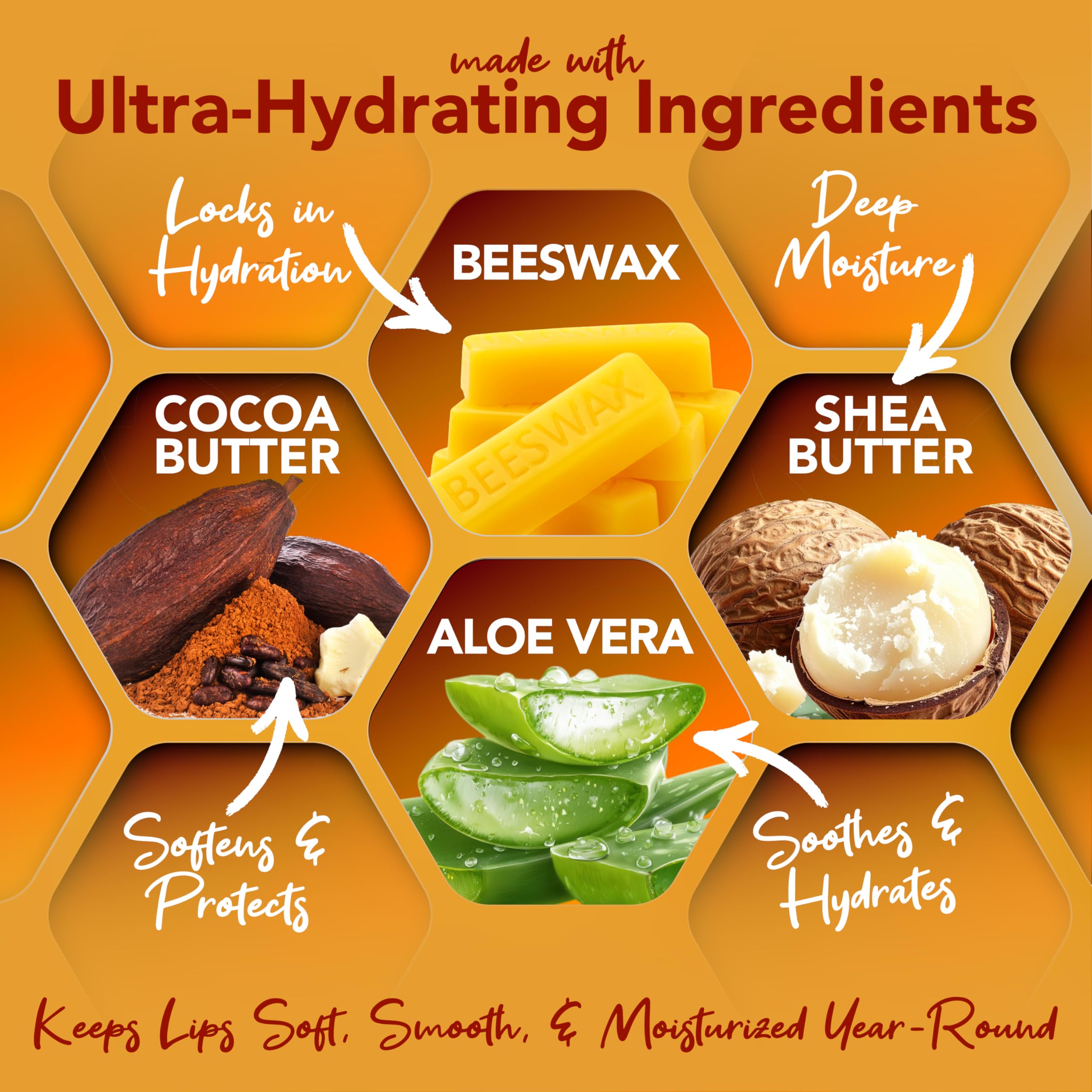 Nature's Bees ingredients flatlay with cocoa, shea, coconut oils
