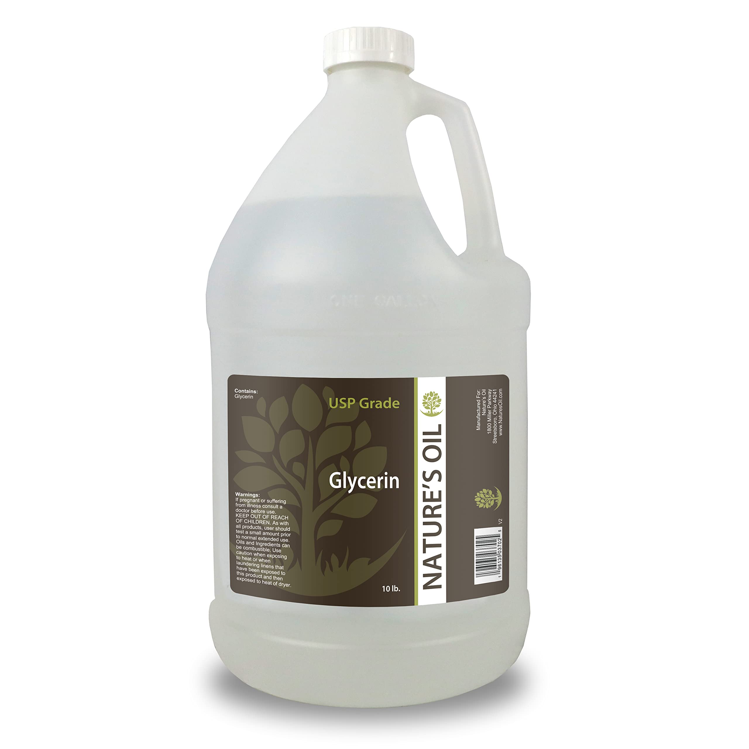 Nature's Oil glycerin gallon front label showing purity and certification benefits