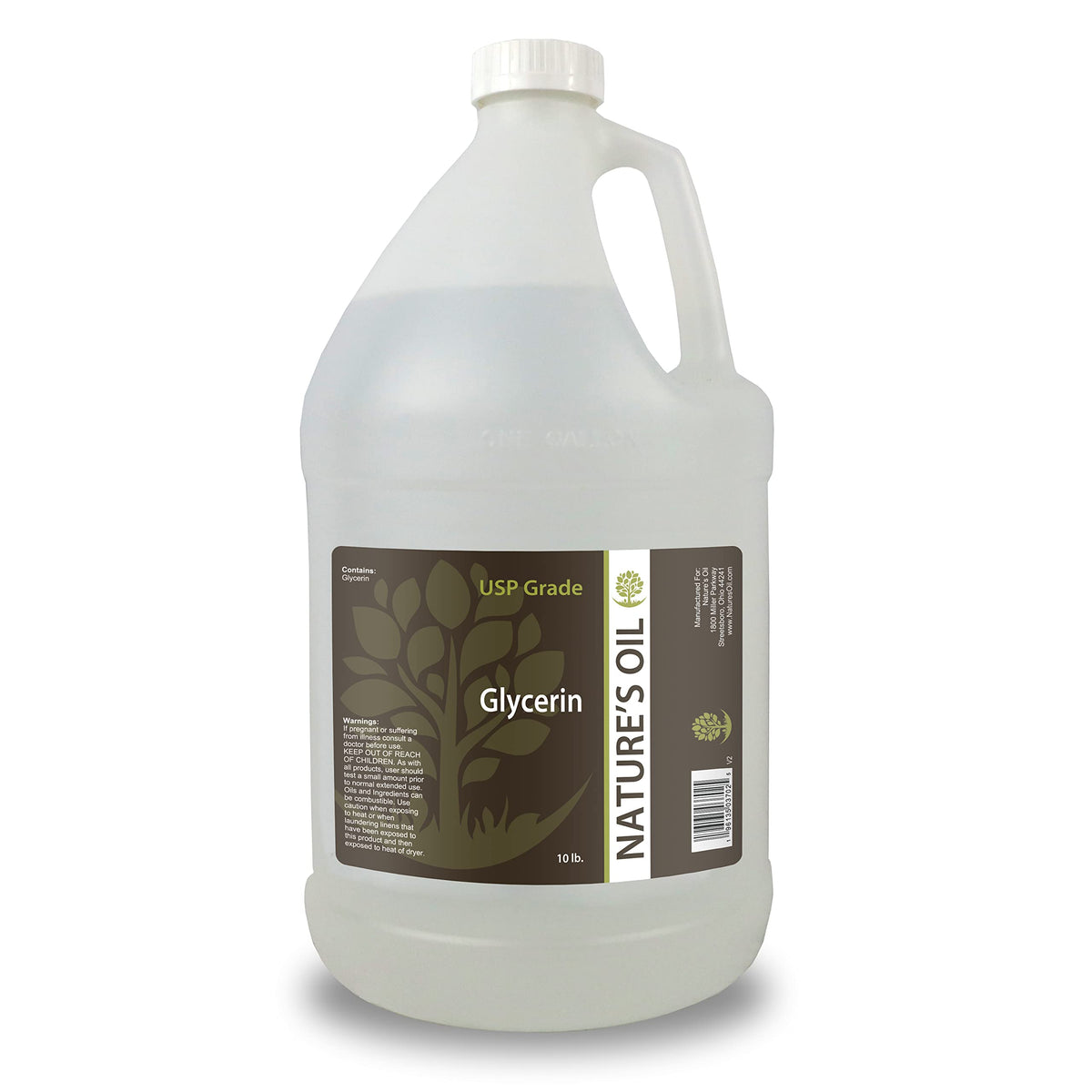 Nature's Oil glycerin gallon front label showing purity and certification benefits