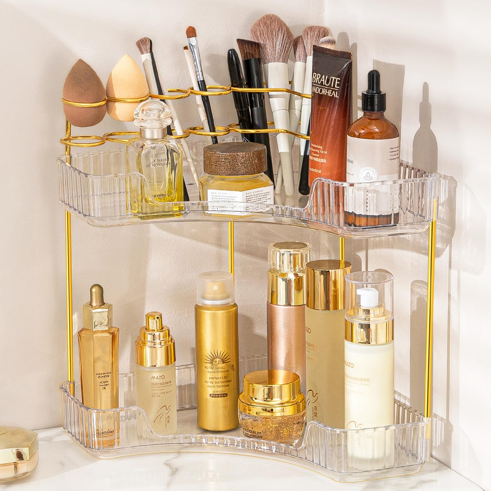 NATURE'S SOURCE front view of 2-tier corner organizer showing compact storage benefit