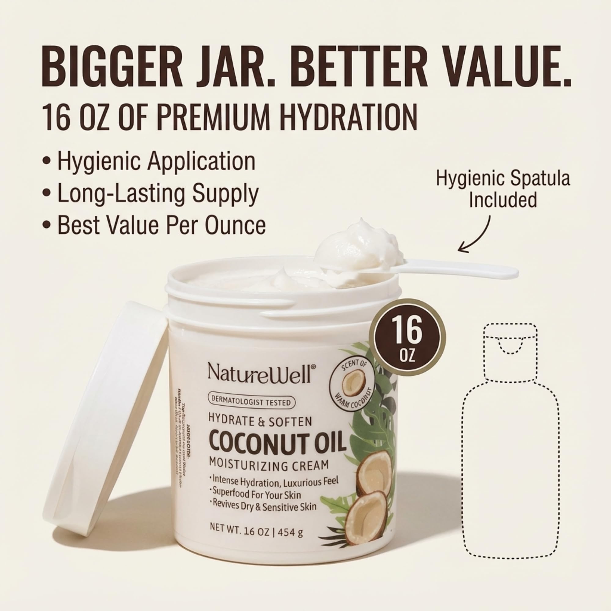 NatureWell tub beside coconut and leaves conveying natural coconut hydration