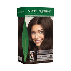 Naturigin box front showing shade 3.0 and benefit of neutral dark brown