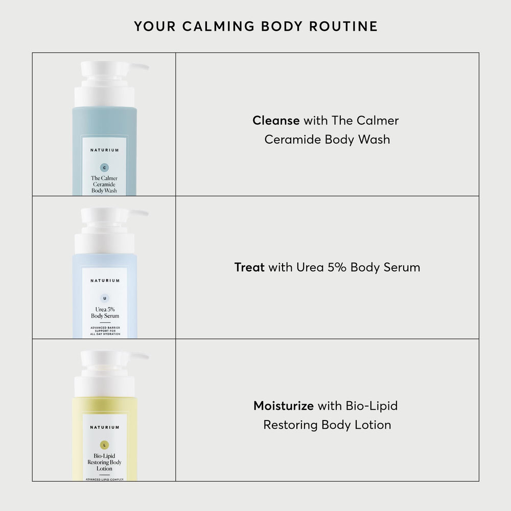 Naturium bottle in clinic-style bathroom conveying dermatologist-tested quality