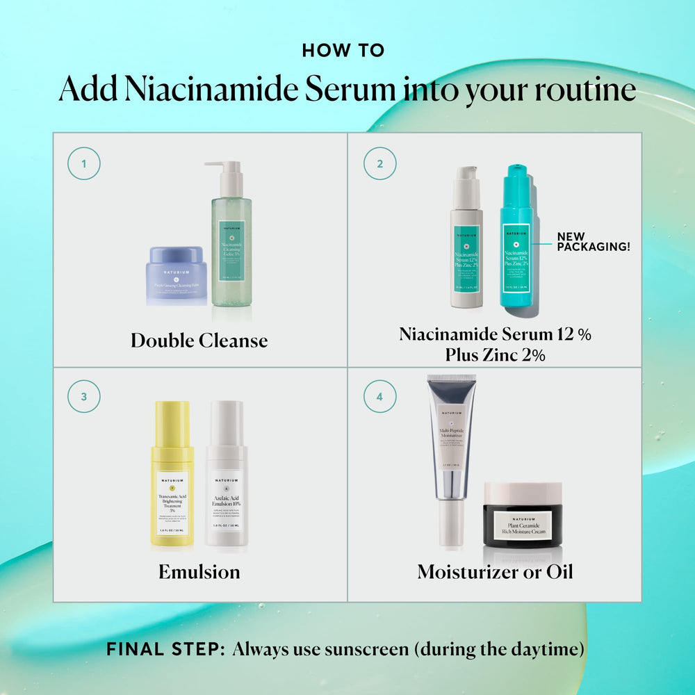 Naturium bottle on bathroom counter during skincare routine, daily use benefit