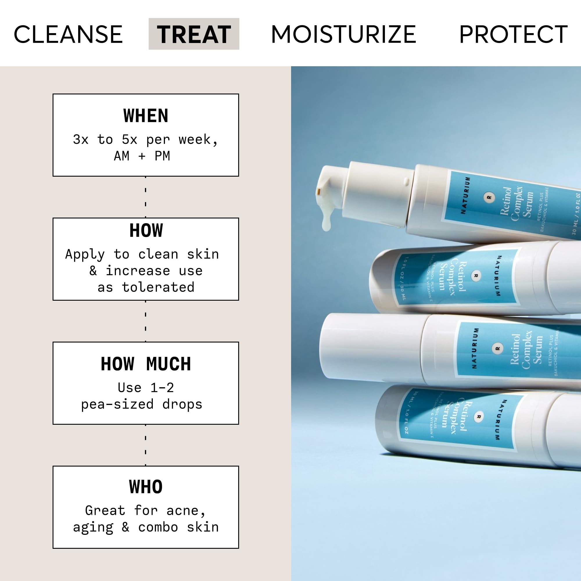 Naturium serum drop dispensing from pump demonstrating controlled application and minimal waste