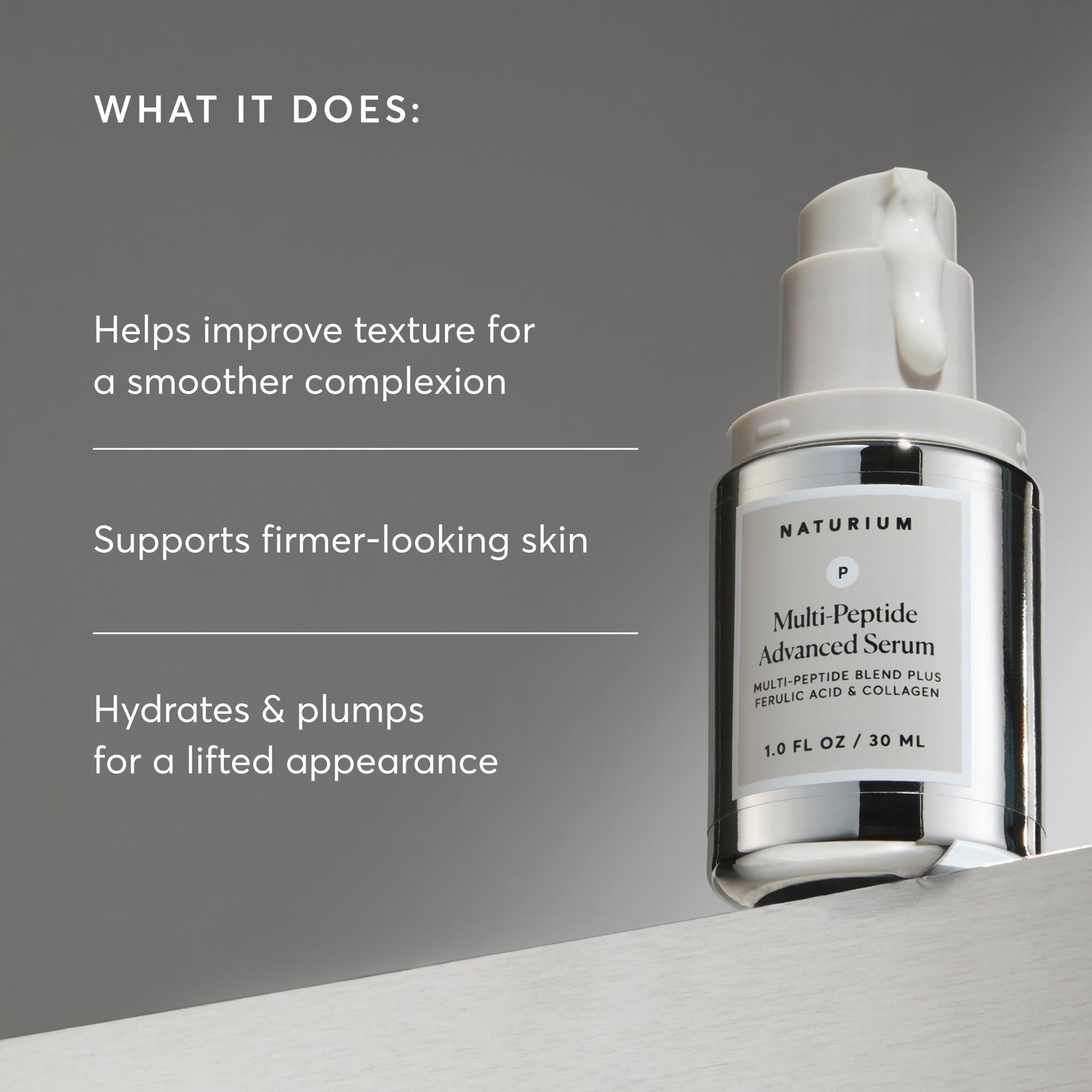 naturium ingredient display highlighting peptides and ferulic acid for antioxidant support
