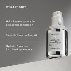 naturium ingredient display highlighting peptides and ferulic acid for antioxidant support