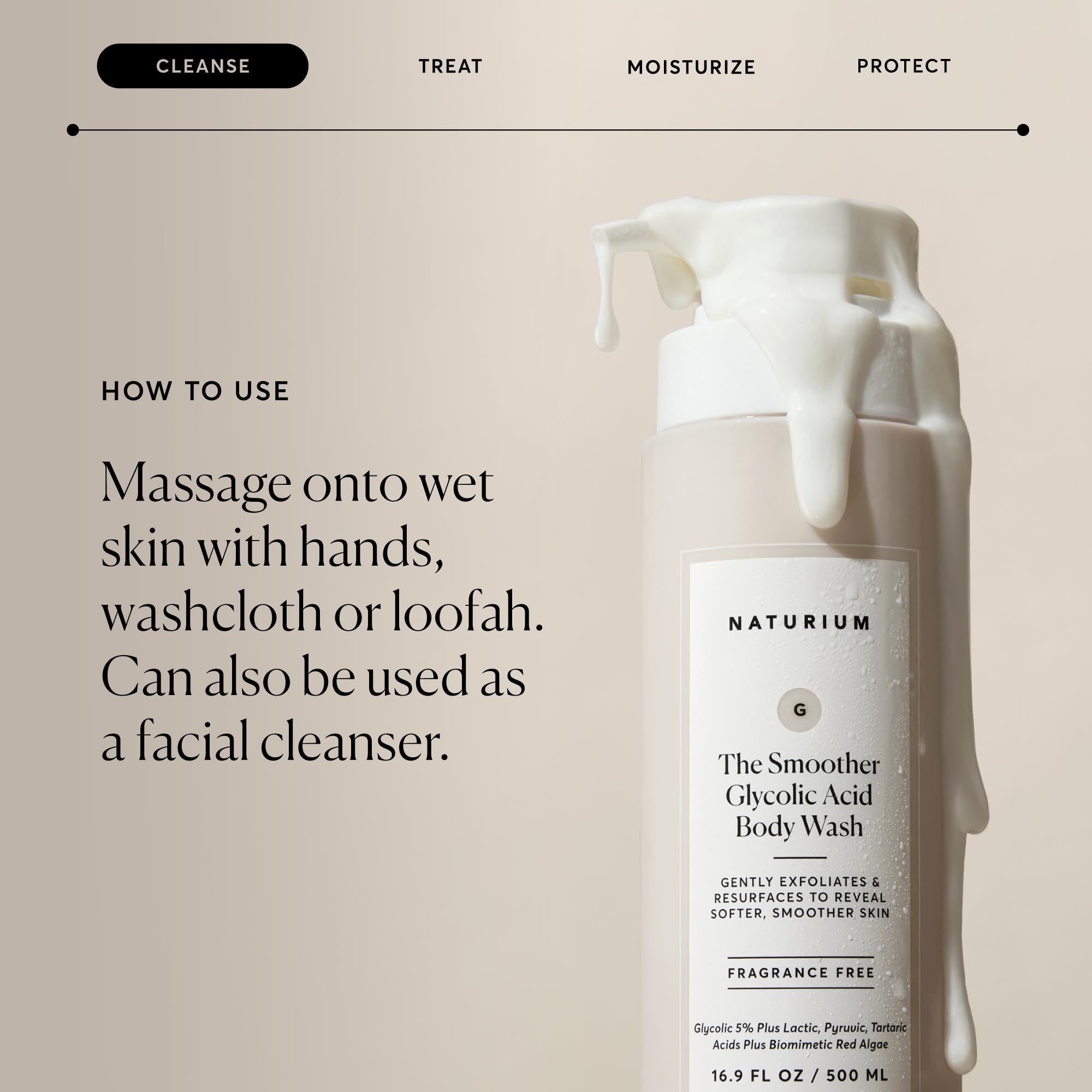 Naturium body wash in use in shower illustrating smooth skin result