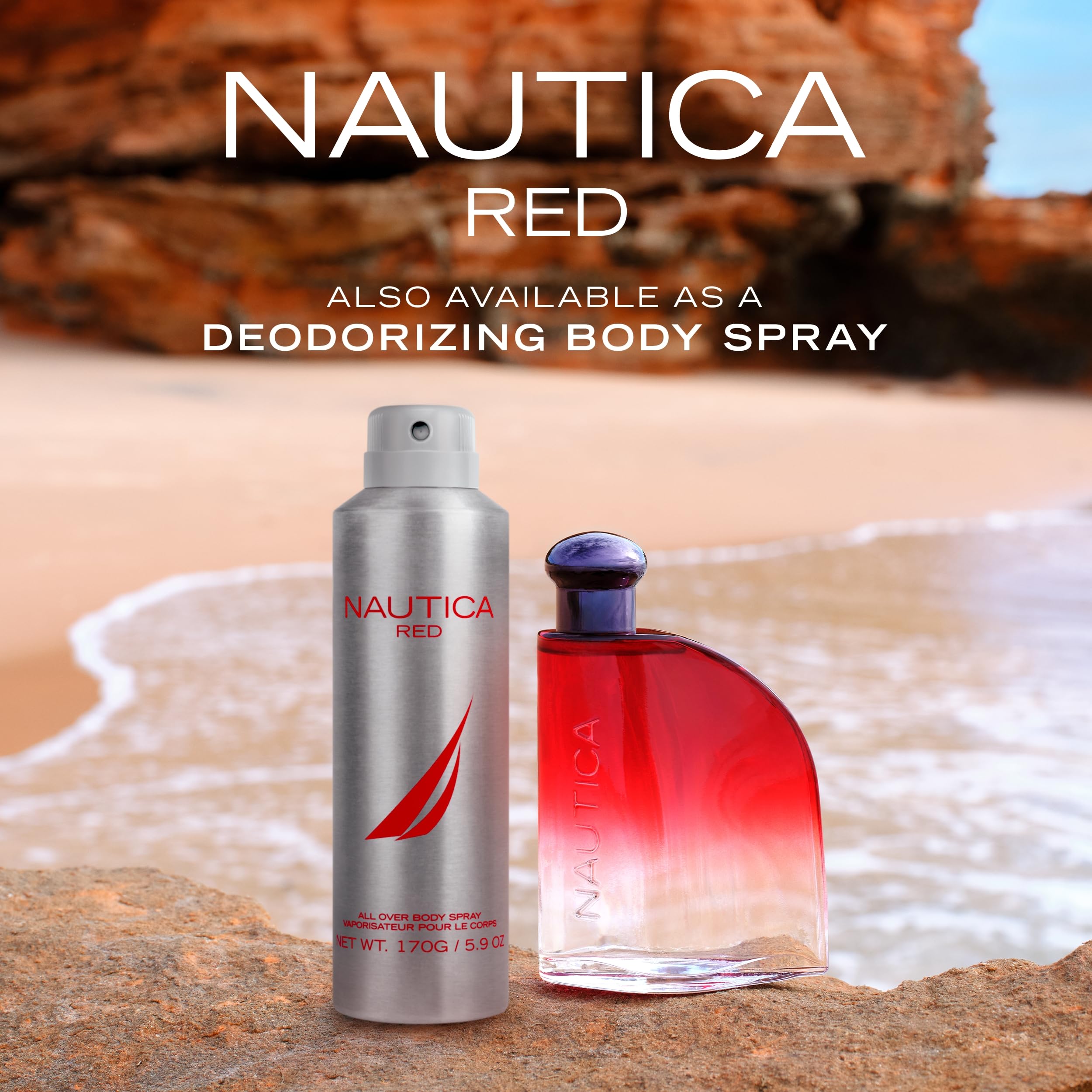 Nautica Color Red next to a coin for scale, demonstrating the 1.6 oz travel-friendly size
