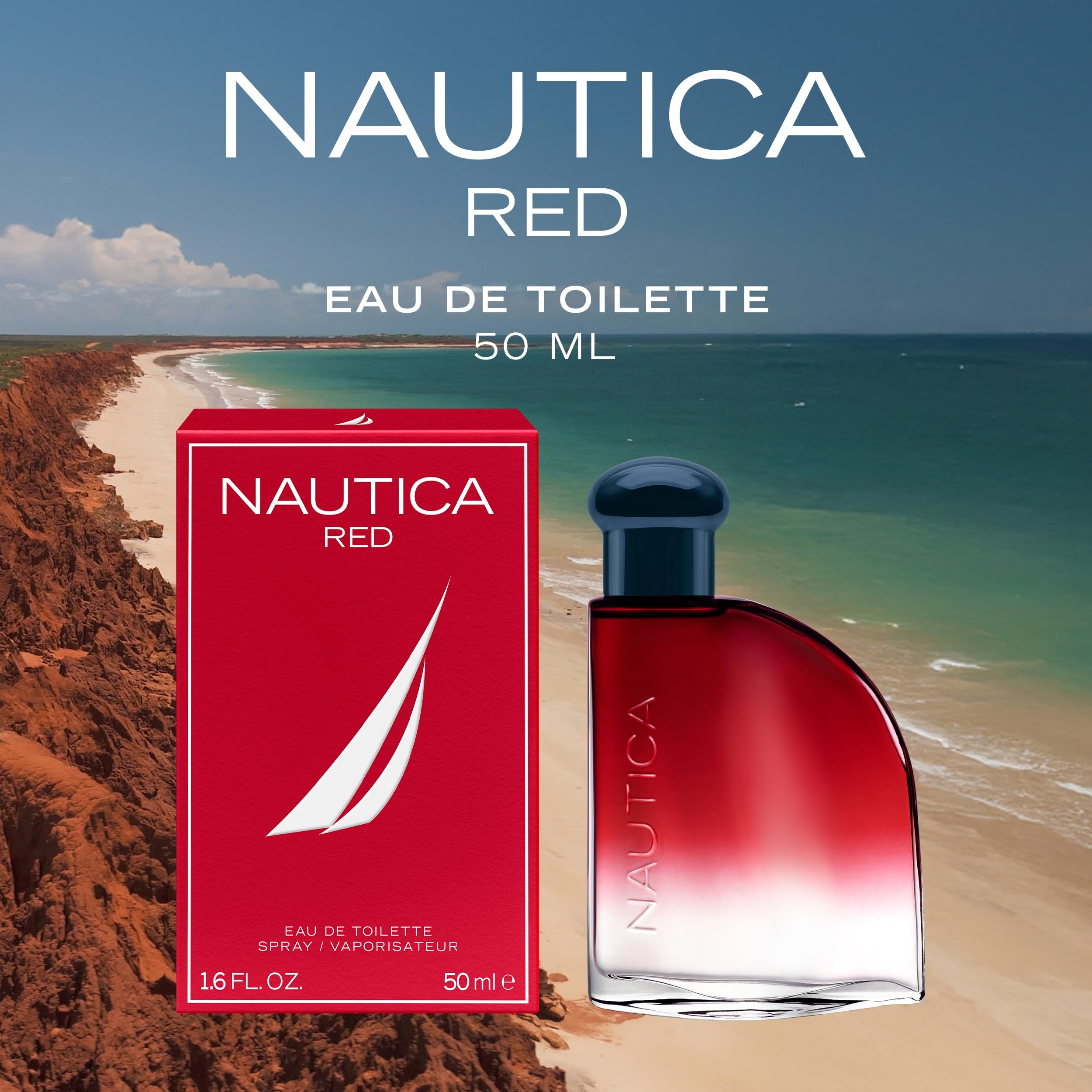 Nautica Color Red bottle on a vanity shelf lifestyle scene, suggests everyday versatility