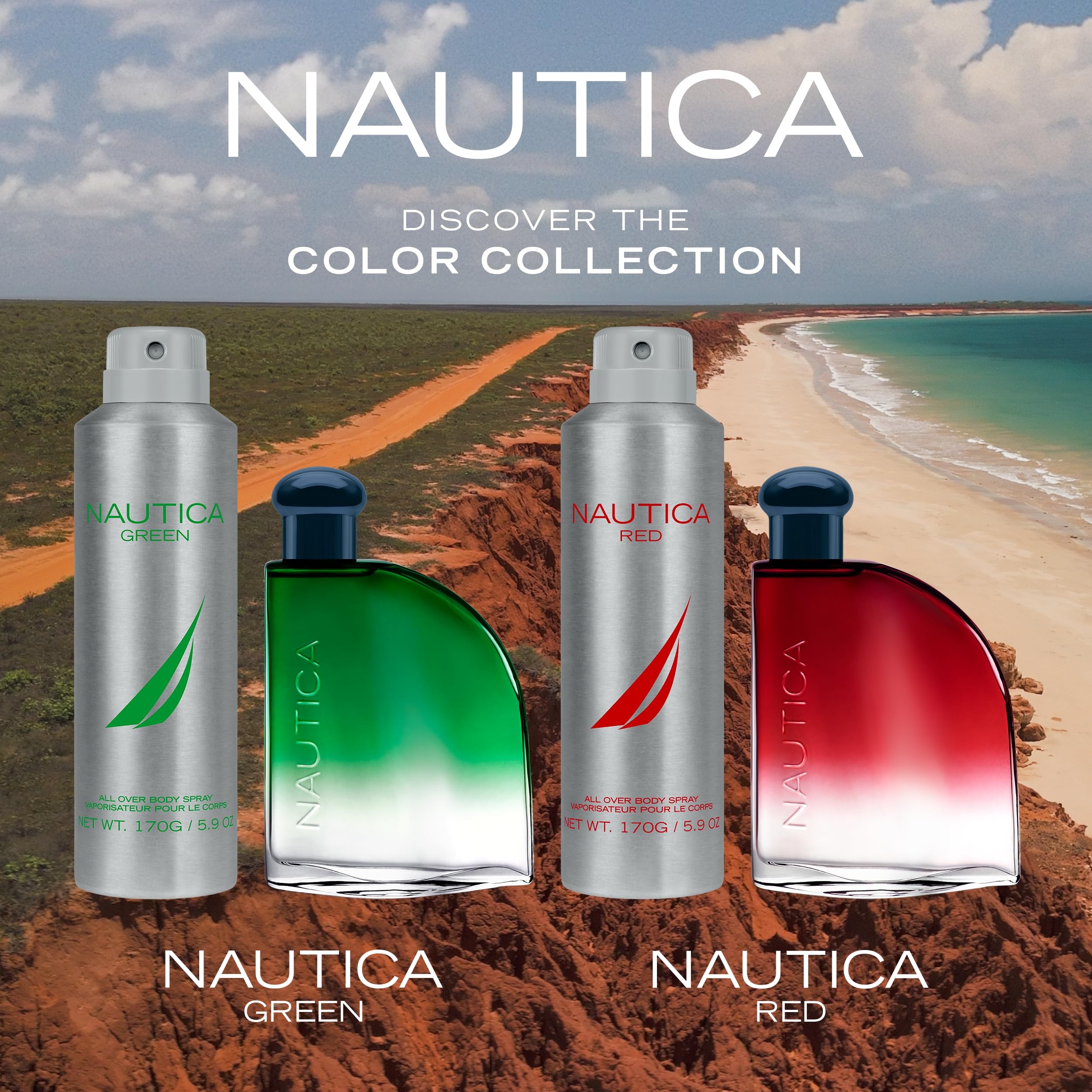 Black peppercorns with Nautica Color Red bottle, illustrating the spicy top note