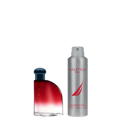 Nautica Red EDT bottle close-up highlighting design and quick application benefit