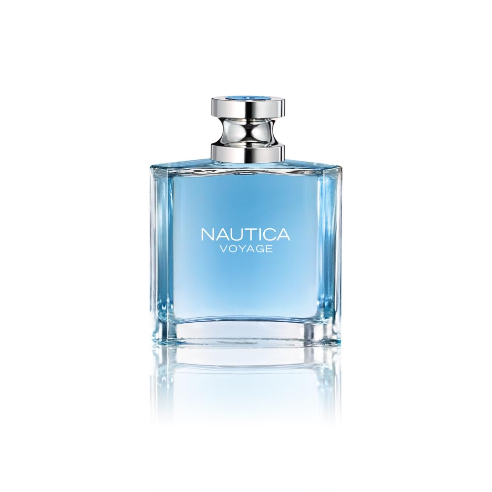 Nautica Voyage front bottle showing label and blue-green glass for fresh presentation