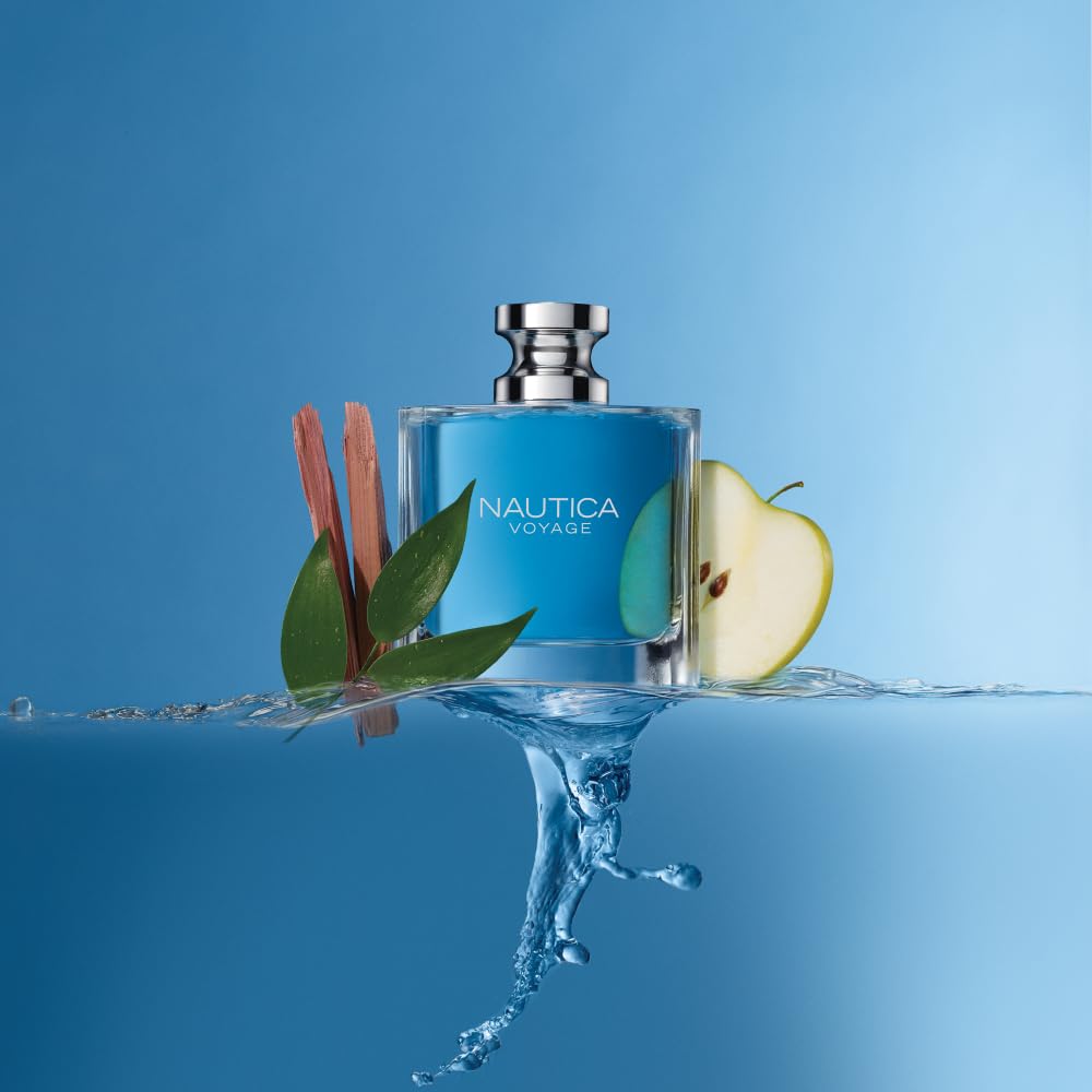 Nautica Voyage bottle on sandy shore conveying seaside freshness and casual wearability