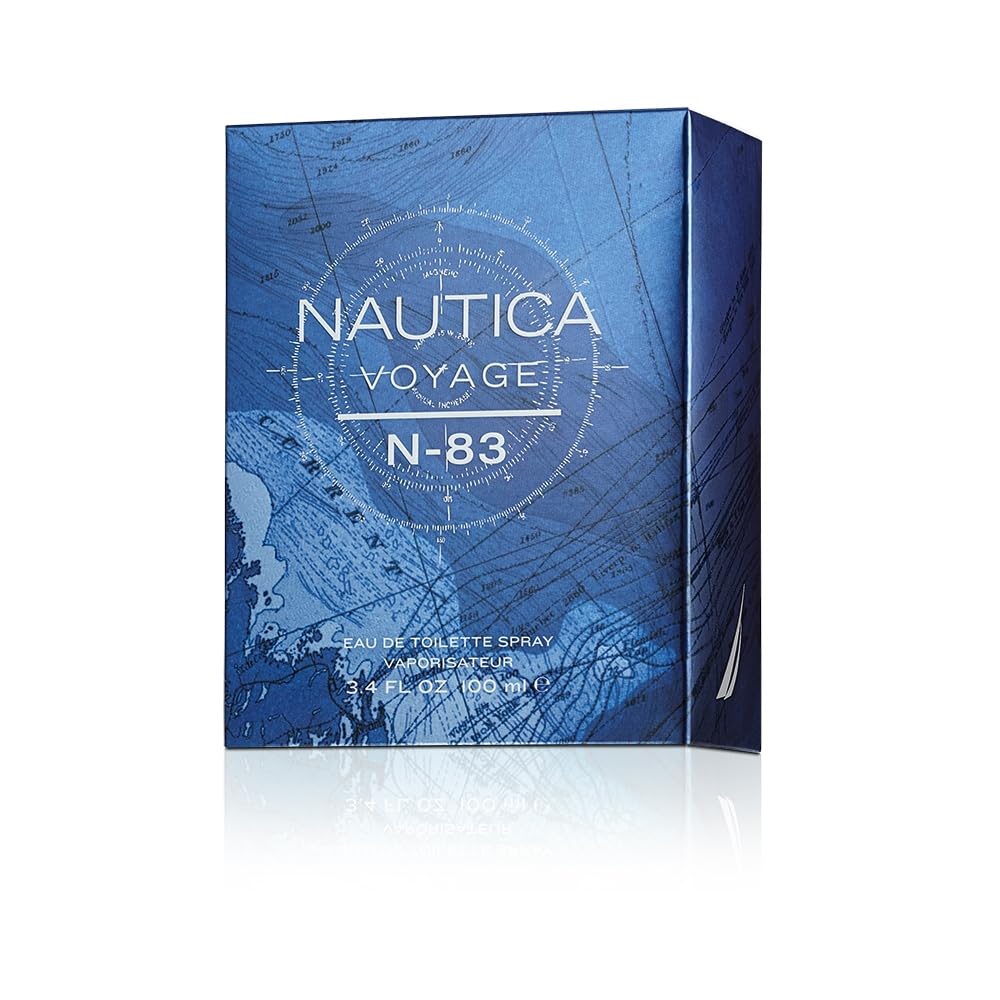 Nautica Voyage N83 label close-up highlighting brand and scent lineup