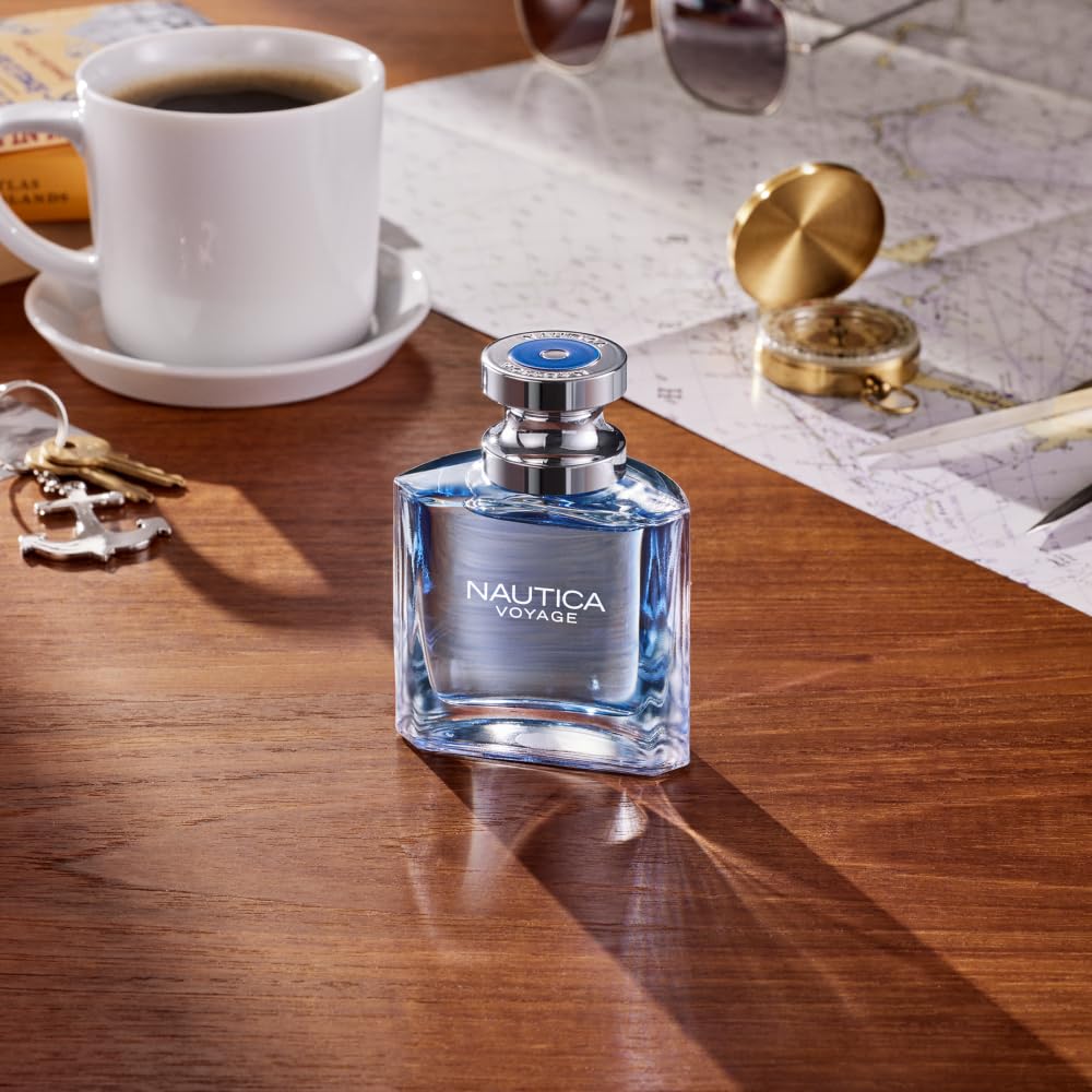 Nautica Voyage bottle beside watch showing 3.3 oz scale and travel-ready size