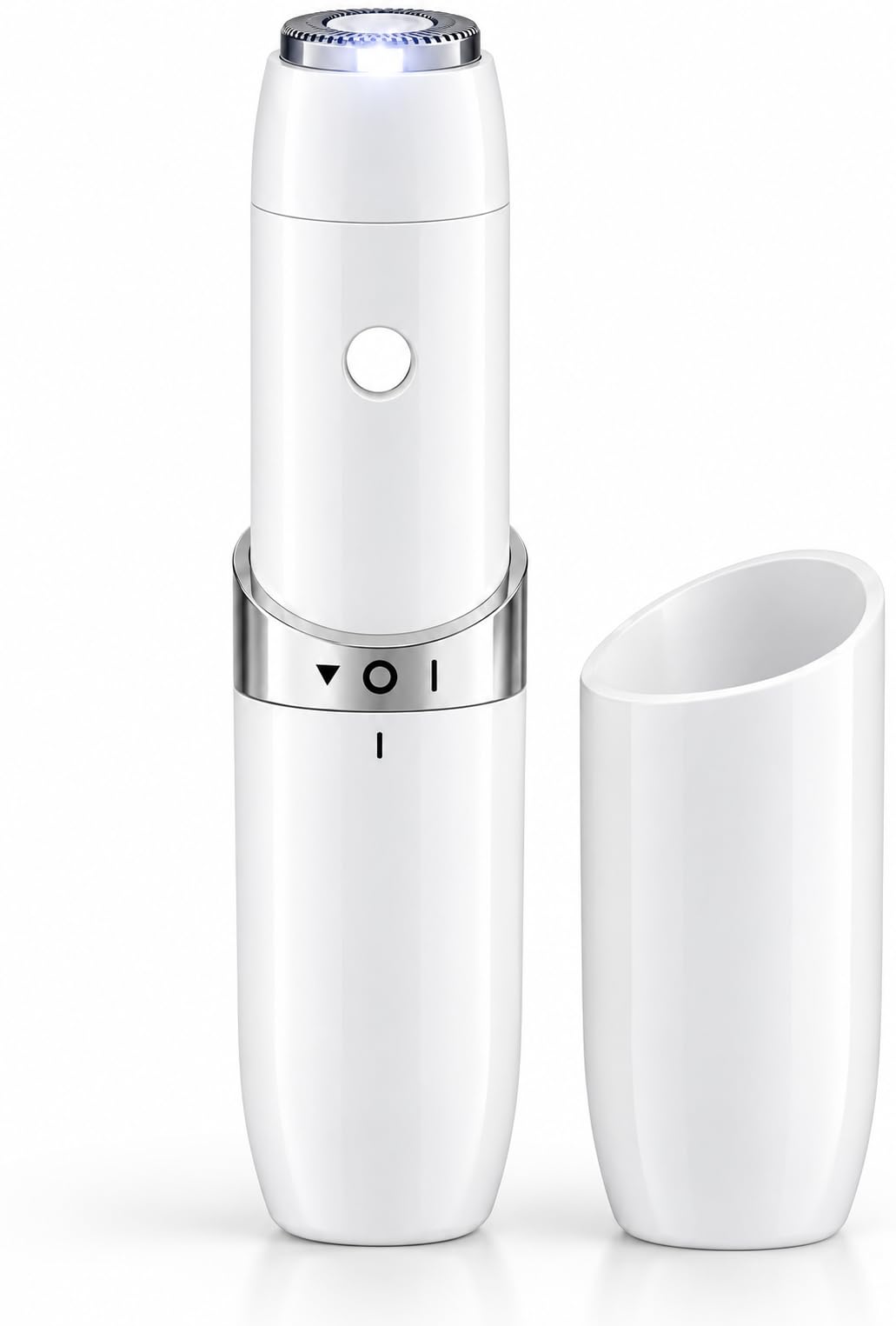 Nave front view of mini facial hair remover showing compact design and portability benefit