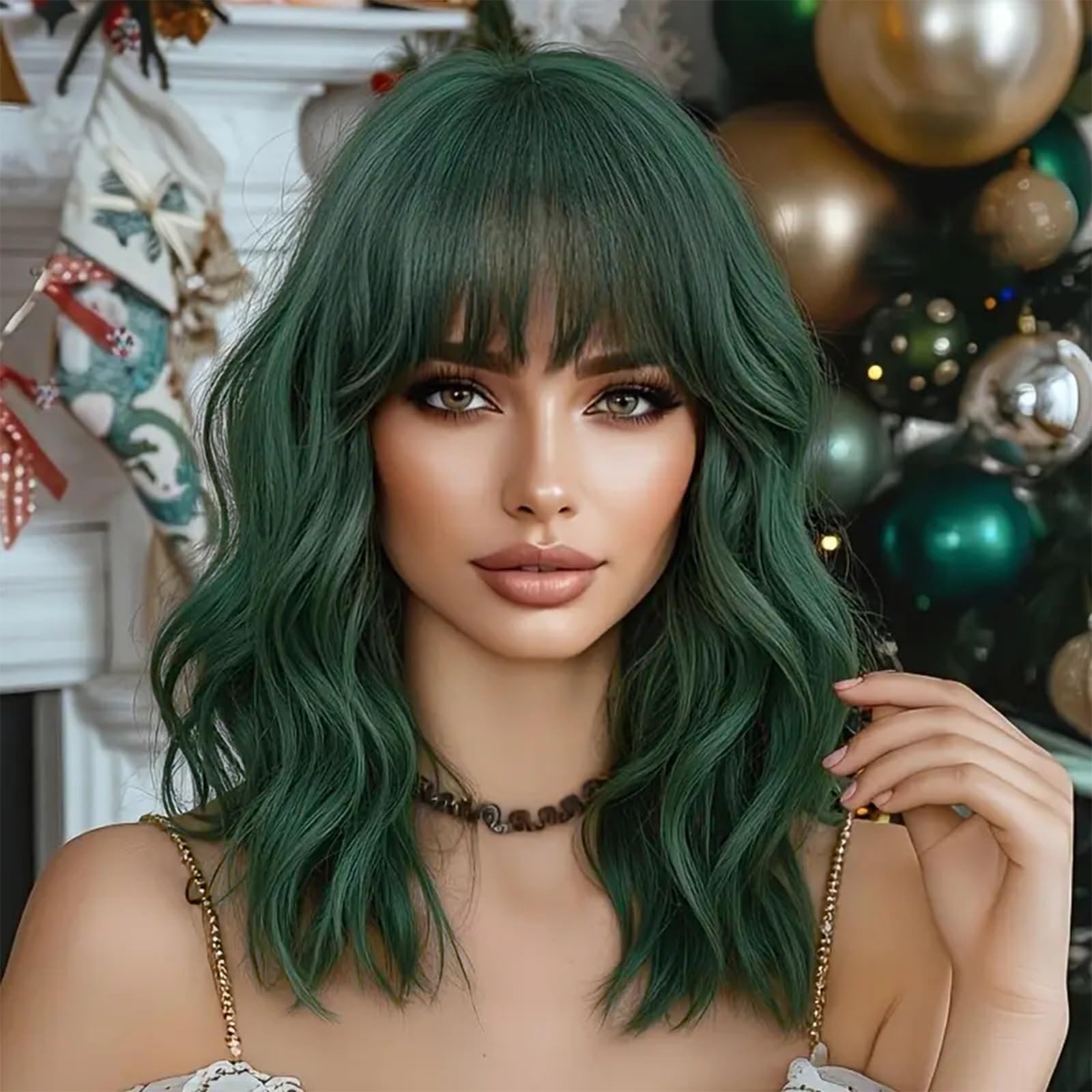 NAYOO front view dark green bob highlighting flattering bangs and natural look