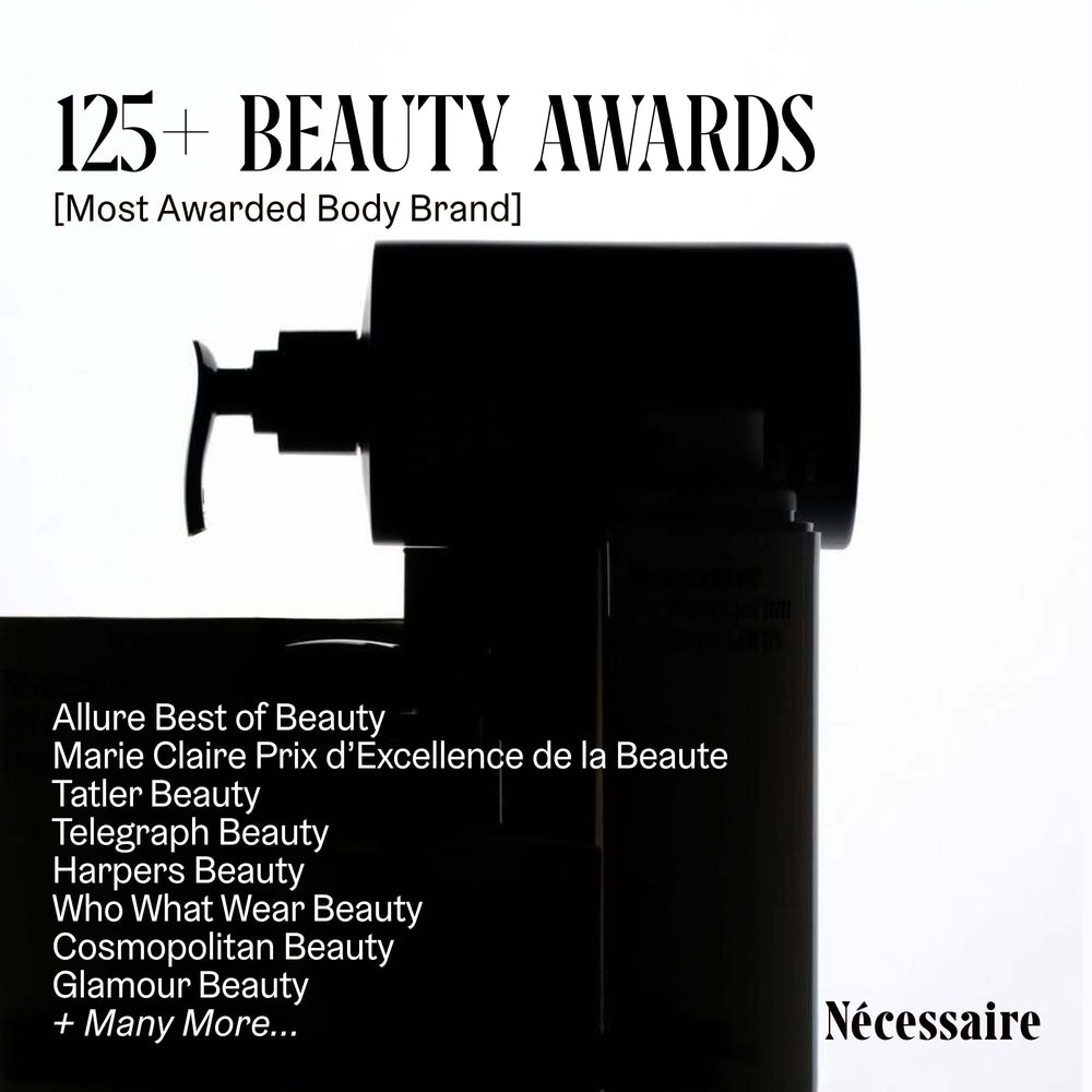 Nécessaire bottle beside hand for scale to show compact, travel-friendly size