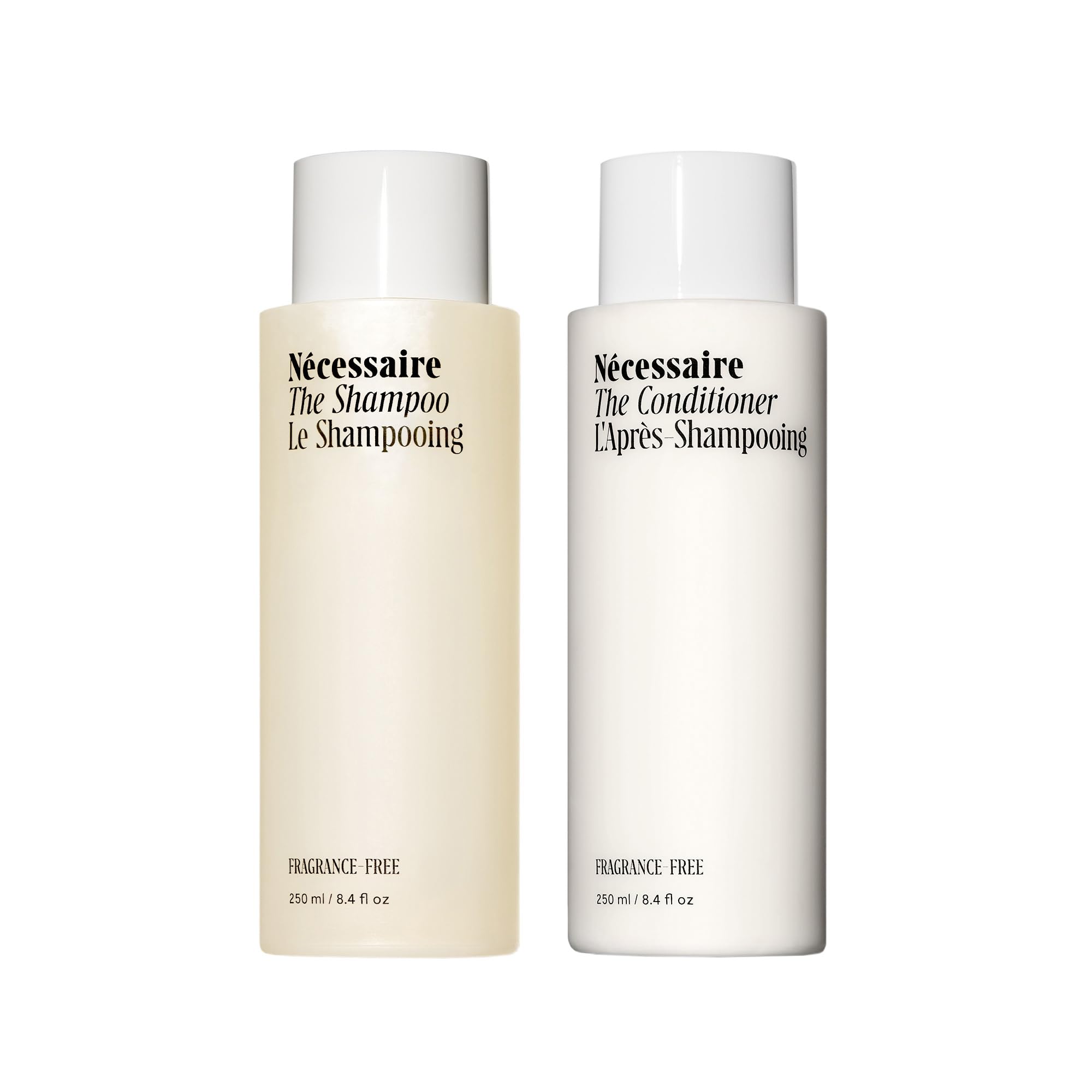 Nécessaire front packaging showing the fragrance-free hair duo benefits