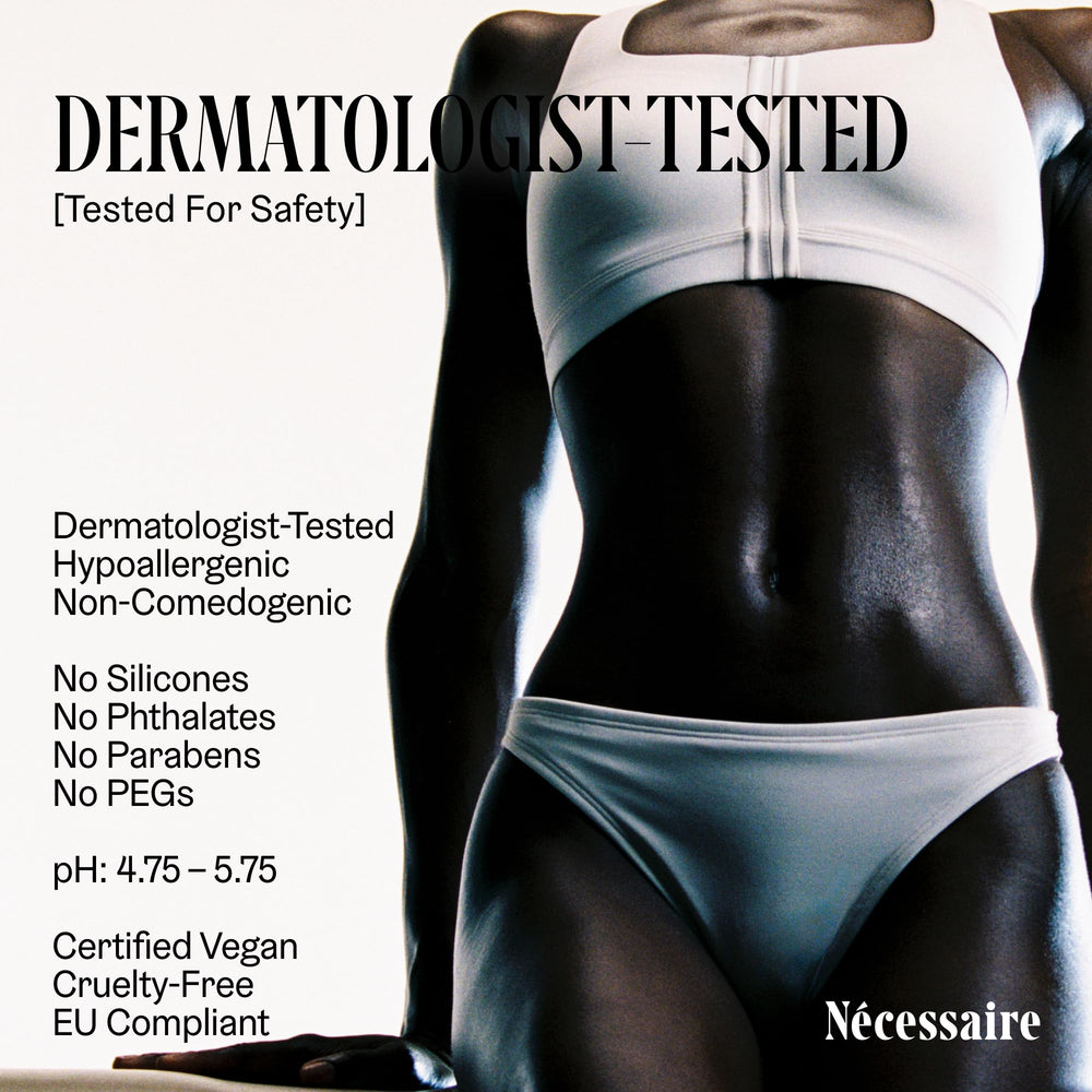 Nécessaire label close-up showing multi-peptide, 2.5% niacinamide benefits