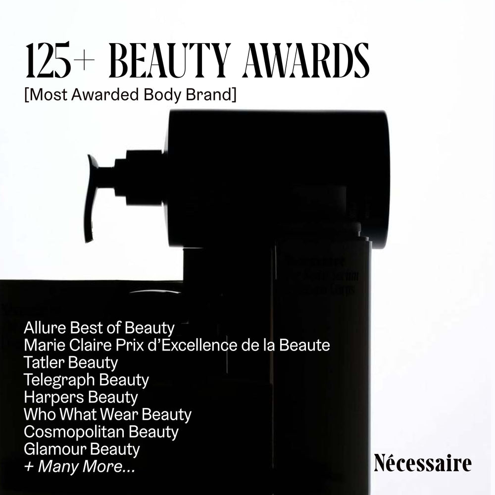 Nécessaire duo in neutral bathroom lifestyle scene promoting calm routine