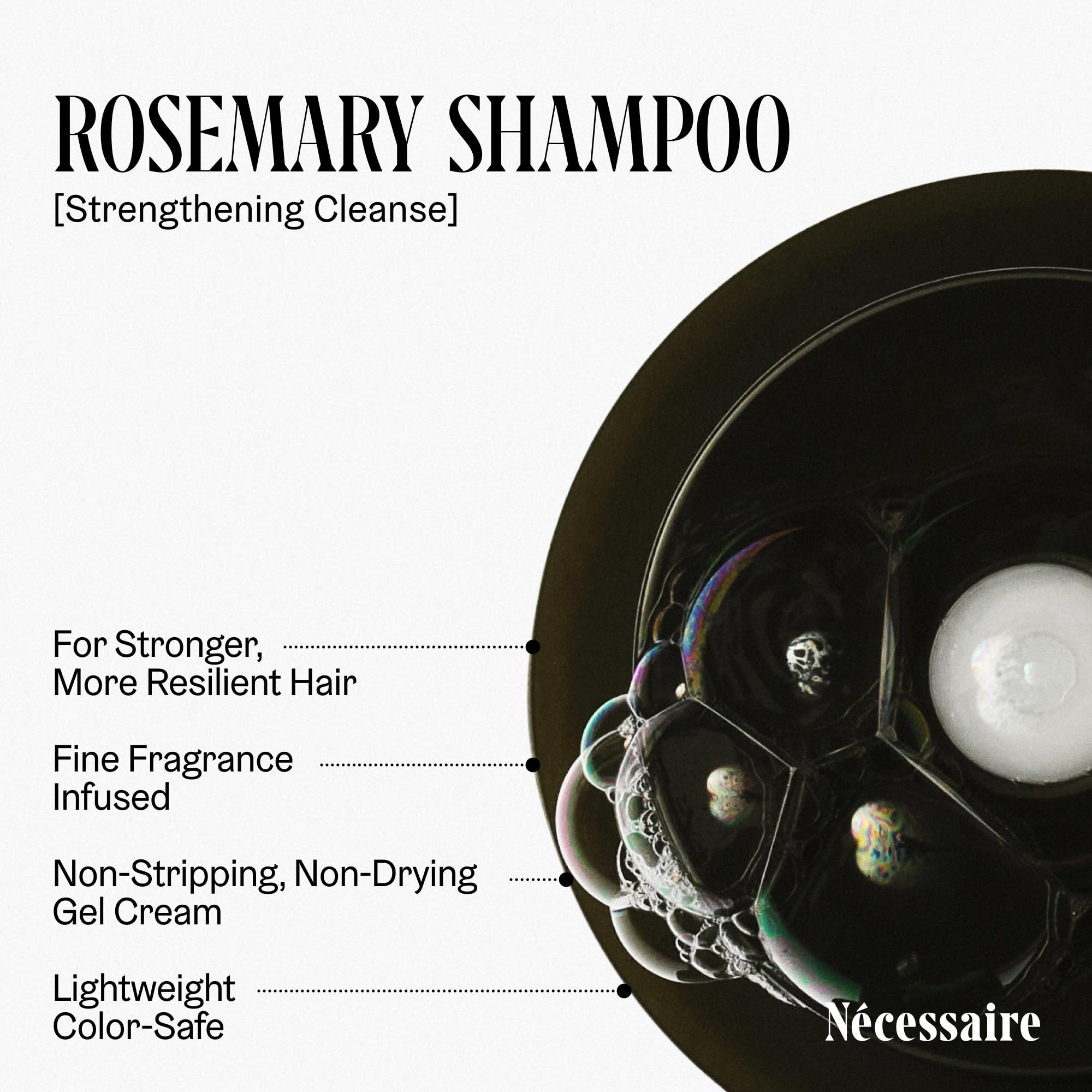 Nécessaire shampoo texture on palm, demonstrates non‑stripping lightweight lather