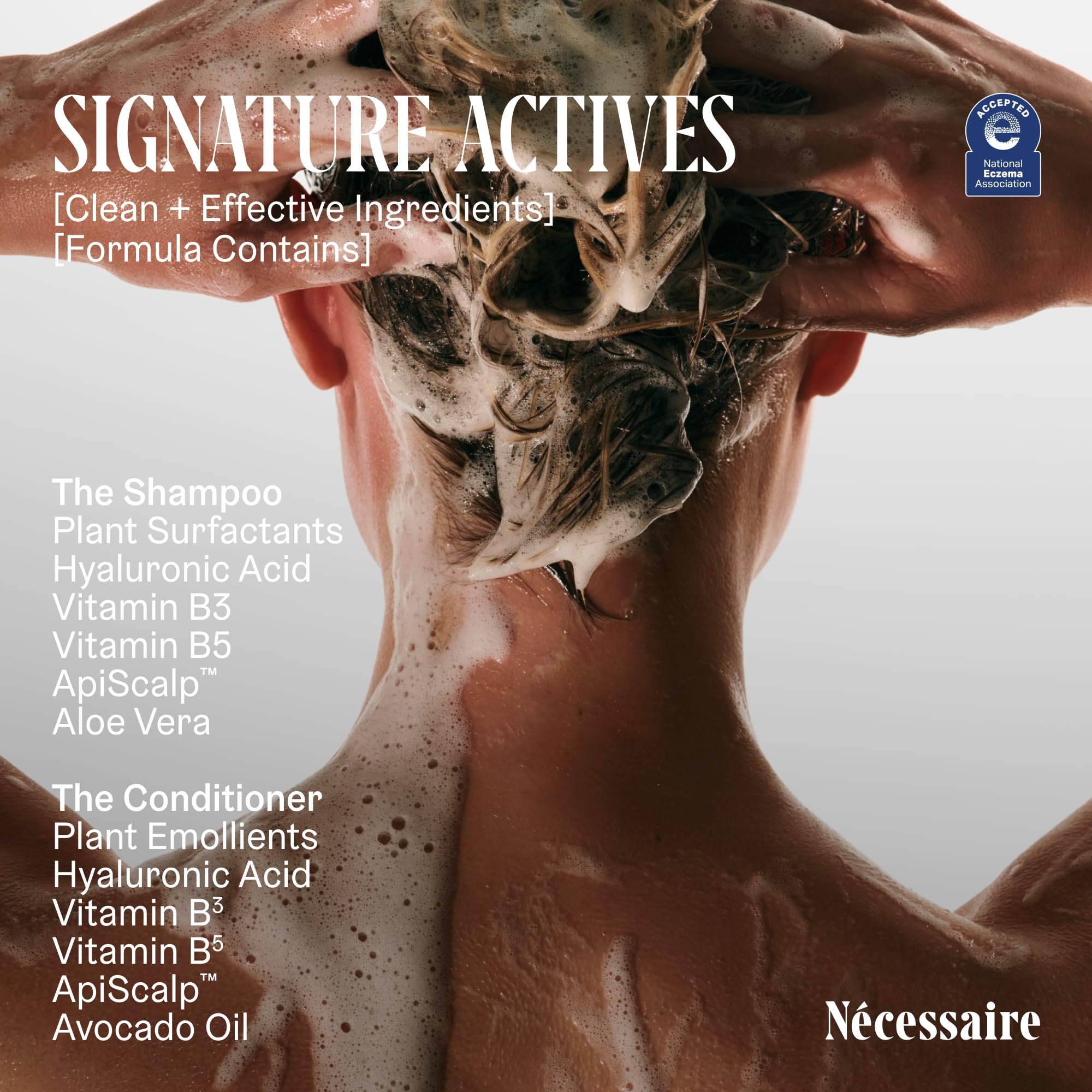 Nécessaire shampoo lather on hair demonstrating gentle cleansing